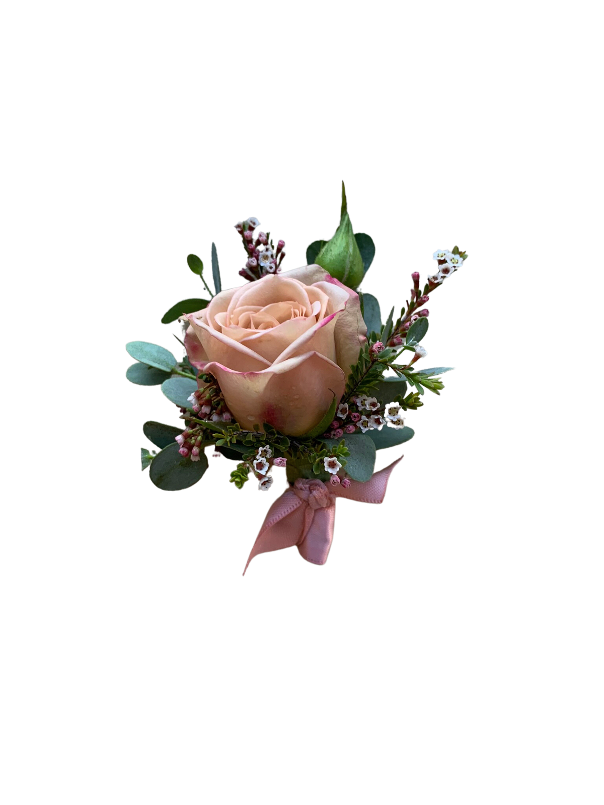 Boutonniere #7 Peach Rose Boutonniere Boutonniere #7 Peach Rose Boutonniere - Peach rose, seasonal greenery and filler. Wrapped in satin ribbon. Please specify color.