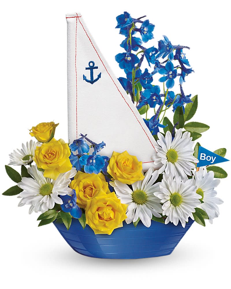 Ahoy, It's A Boy Bouquet by Teleflora Ahoy, It's A Boy Bouquet by Teleflora - Send new parents this beautifully arranged bouquet in a sweet baby blue sailboat. It's sure to bring warm wishes and smiles. Includes a sweet display of yellow spray roses, blue delphinium and white daisy spray chrysanthemums. Delivered in a Captain Carefree keepsake.