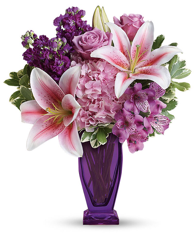 Teleflora's Blushing Violet Bouquet Teleflora's Blushing Violet Bouquet - Luxe in lavender! Pamper her with the pink and purple perfection of this show-stopping lily and hydrangea bouquet. Hand-delivered in a stunning violet keepsake vase, it's a 2-in-1 gift that's sure to please! This special bouquet features light pink hydrangea, lavender roses, pink stargazer lilies, purple alstroemeria, purple stock, and variegated pittosporum. Delivered in a violet Couture vase.