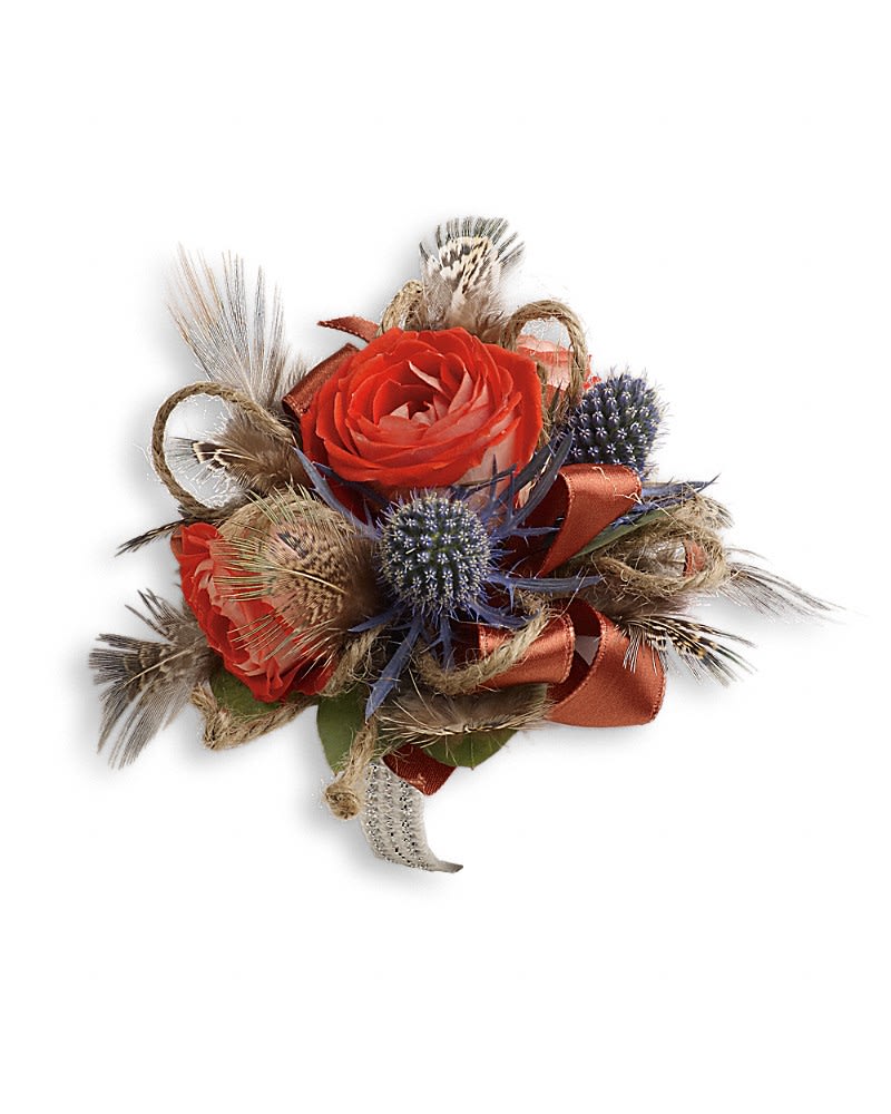 Boho Dreams Corsage Boho Dreams Corsage - Impress them with this striking arrangement of blue eryngium, orange roses and fabulous pheasant feathers. Orange spray roses, blue eryngium and seeded eucalyptus with pheasant feathers.