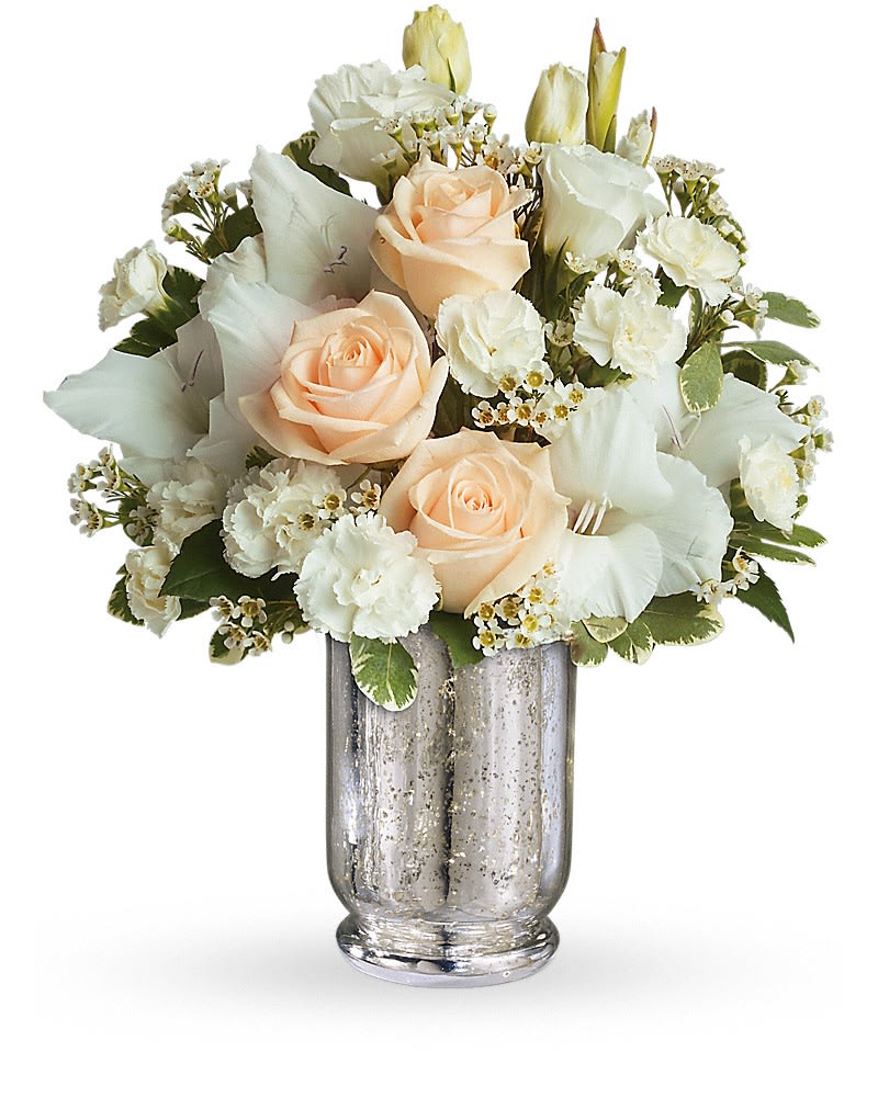 Teleflora&#039;s Recipe for Romance - You&#039;d better be ready for romance when you send this stunning bouquet to someone special. Every detail including its extraordinarily beautiful vase is handled with care. CrÃ¨me roses, white spray roses, gladioli, miniature white carnations, lisanthius and waxflower are delivered in an antique silver hurricane Mercury Glass Vase. This is one recipe that will be long remembered.