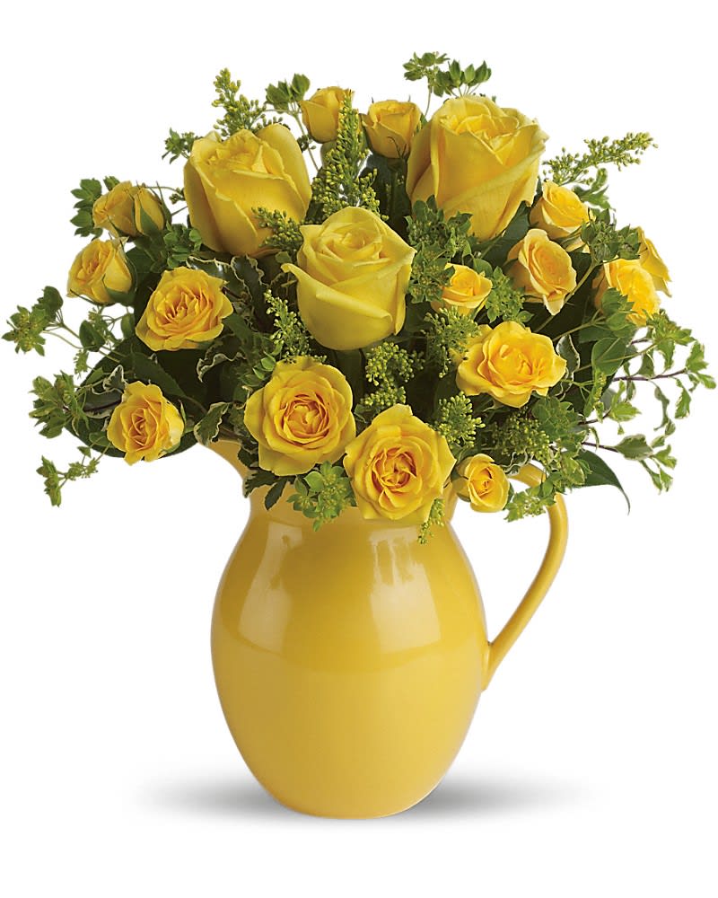 Teleflora's Sunny Day Pitcher of Roses Teleflora's Sunny Day Pitcher of Roses - Want to make any day sunny for someone special? Simply have this cheerful pitcher of bright yellow roses hand-delivered to them and they will bask in its warm glow. Just think: No SPF needed! Brilliant yellow roses and spray roses are arranged in a delightful mix that's delivered in a keepsake yellow pitcher they can use again and again. What a heartwarming gift!