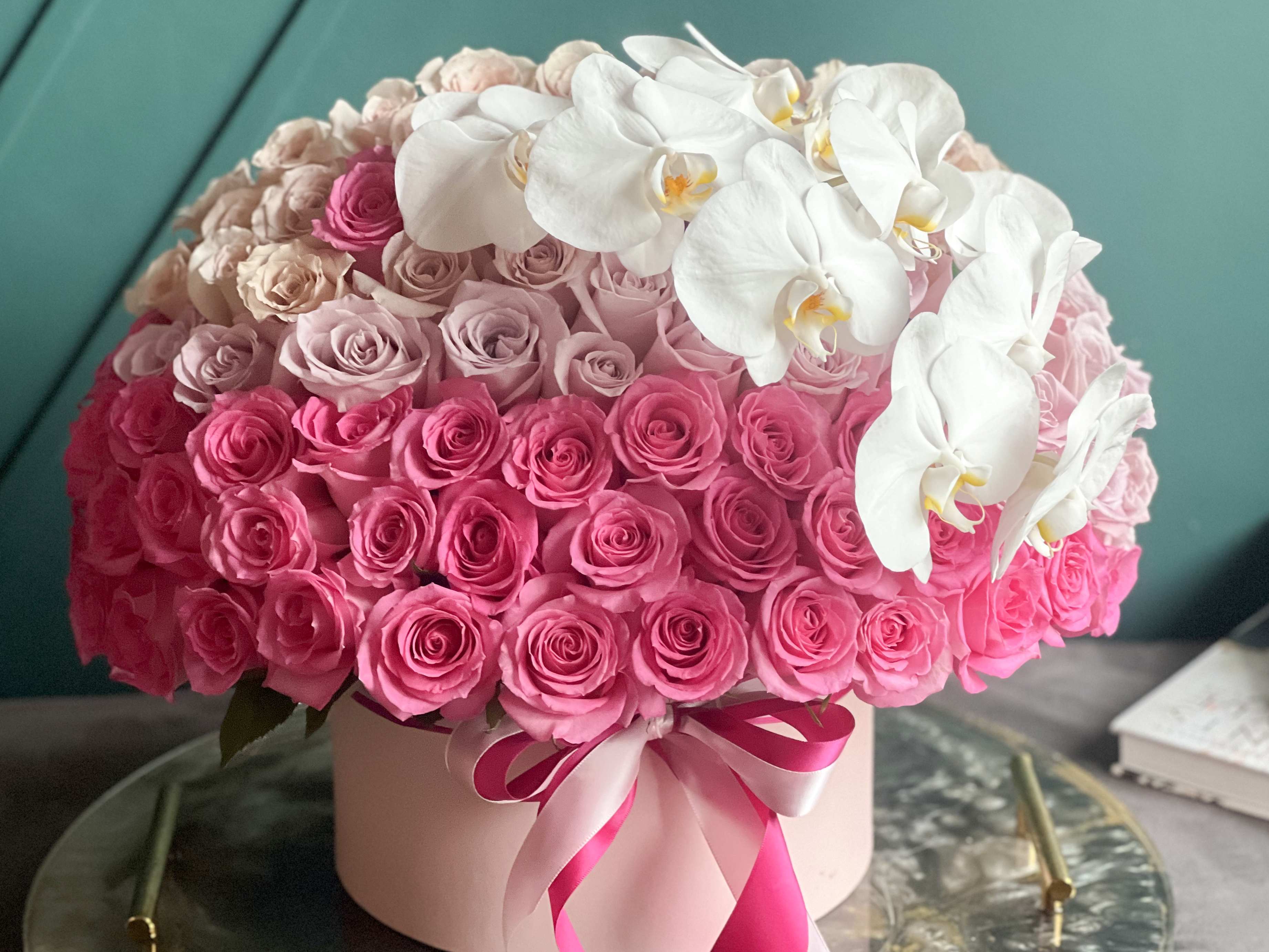 Perfect rose ombre  - Perfect rose ombre  - box with 125-135 roses and phalaenopsis orchids 