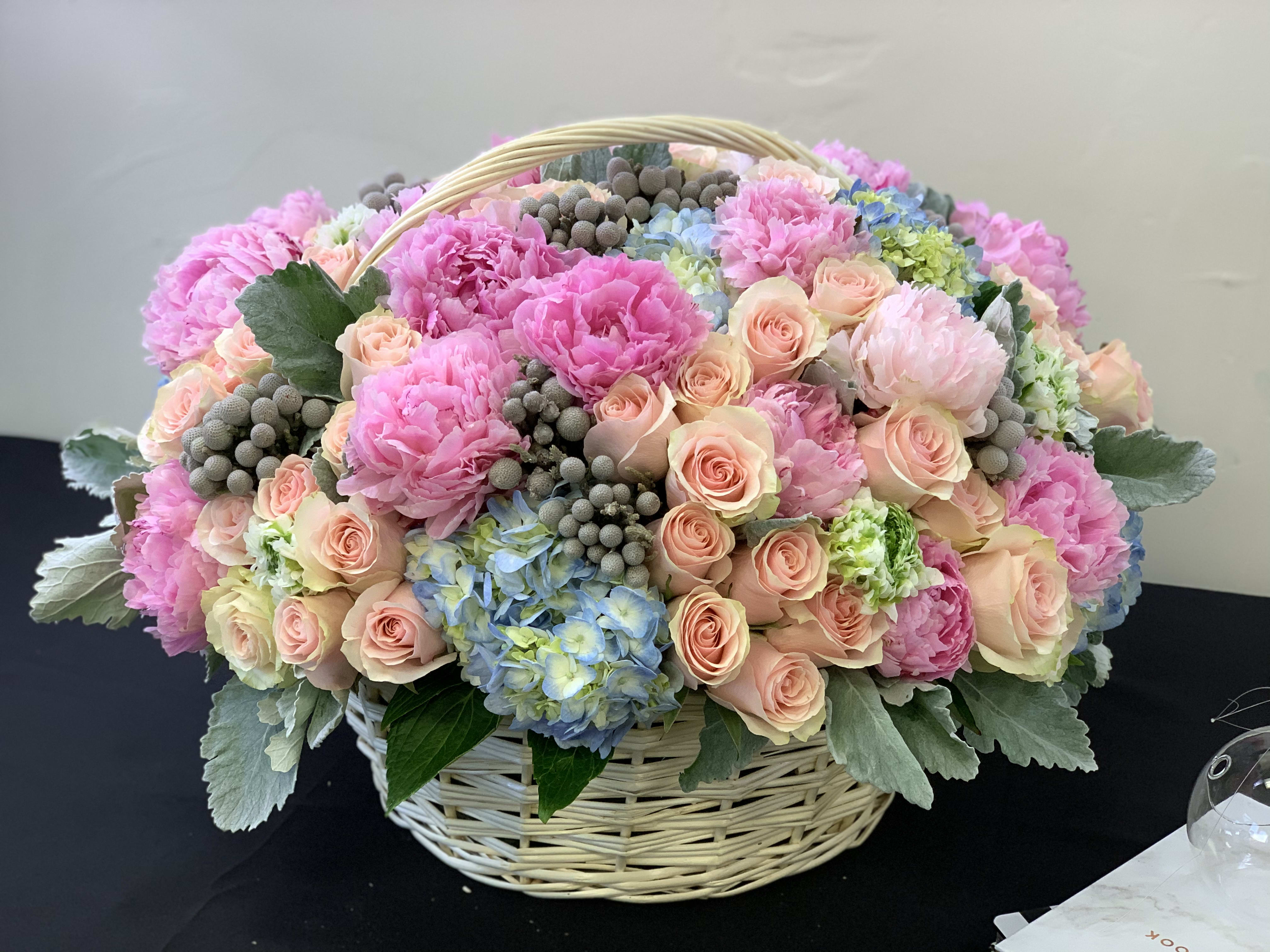 XXL Flower Basket  - Extra large flower basket with roses, peonies and mix flowers.  Includes 200 and above stems of flowers.  Send WOW arrangement! Perfect for any occasion and space 