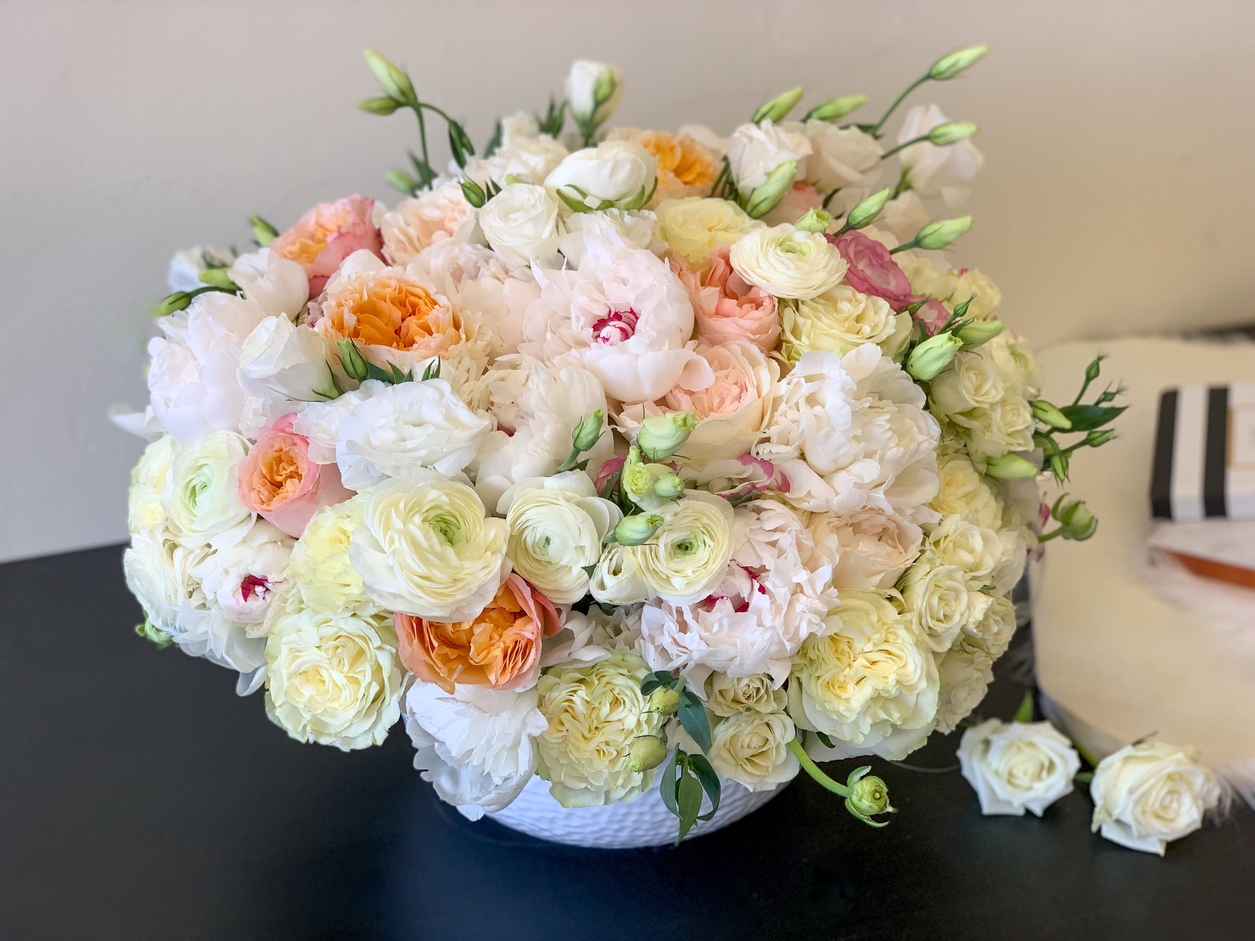 Chick Flower Design with Peonies, Garden Roses and Mixed Flowers  - Luxury, Chic Flower Design with Peonies, Ranunculus, Garden Roses, Lisianthus and mixed flowers.  Truly Luxury Flower Arrangement will feet to any space or occasion 