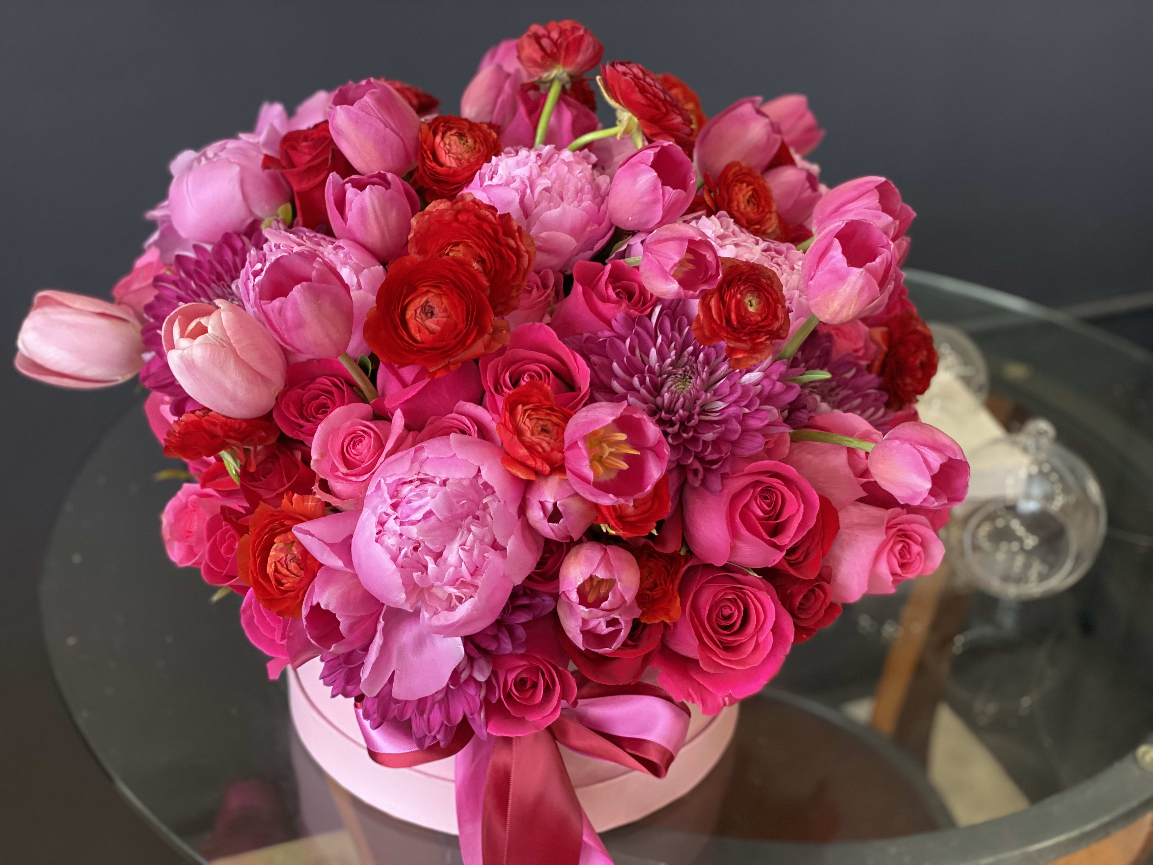 My Summer Day | Bright Mixed Flower Design  - Beautiful Flower Design in a box with mixed flowers. Red and hot pink roses, ranunculus, peonies and tulips carefully arranged into one eye- catching design. 
