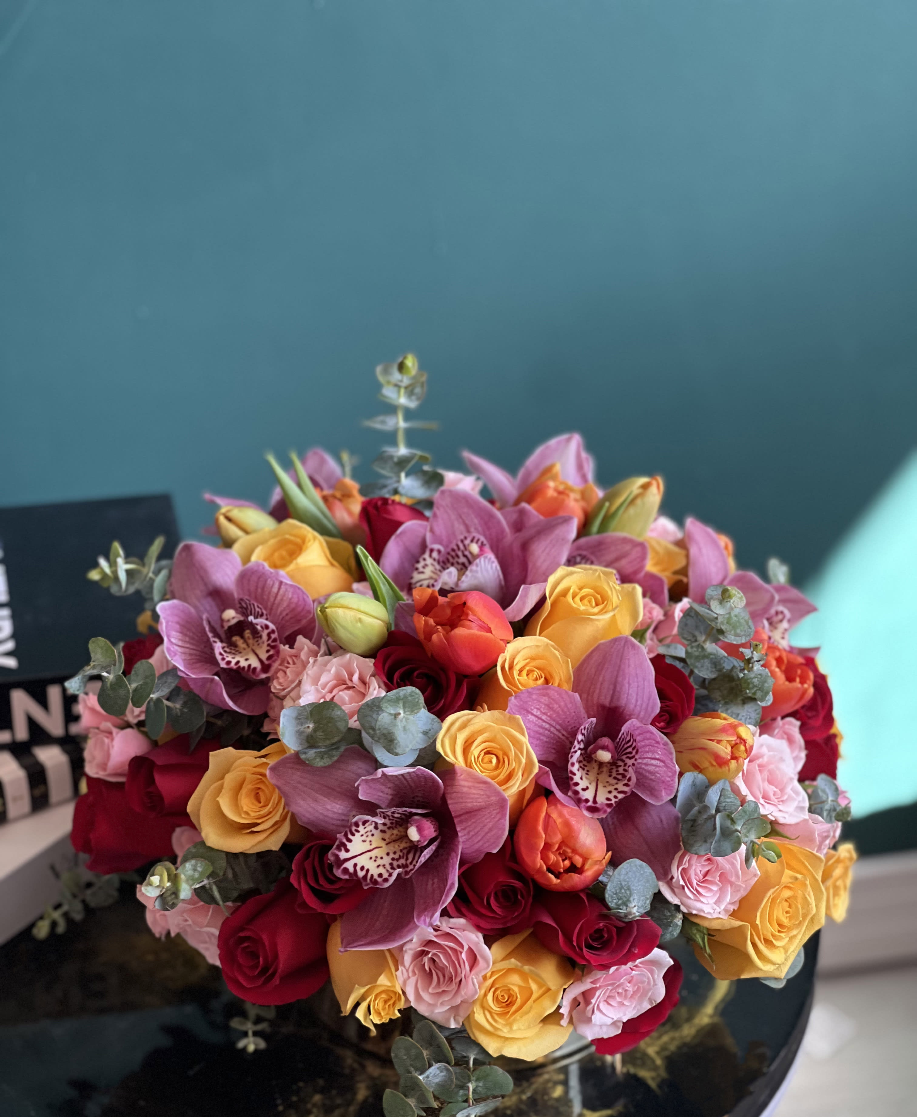 BRIGHT BEAUTY  - Fresh flower design in gold vase with more than 3 dozen roses, tulips, spray roses and cymbidium orchids 