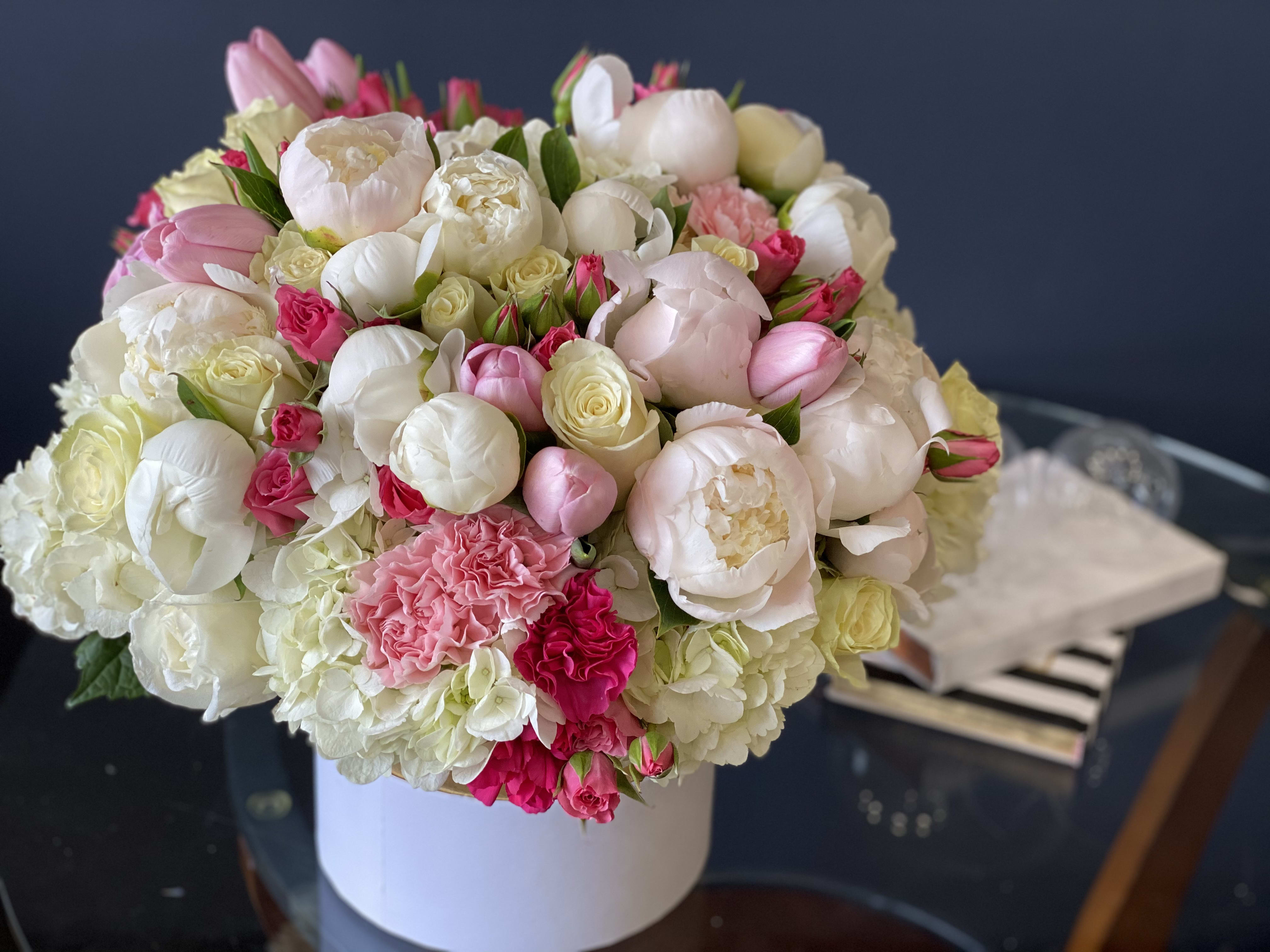 My spring Mix  - Perfect flower design in a box. Hydrangeas, white roses, pink spray roses, tulips, peonies and mixed flowers. 