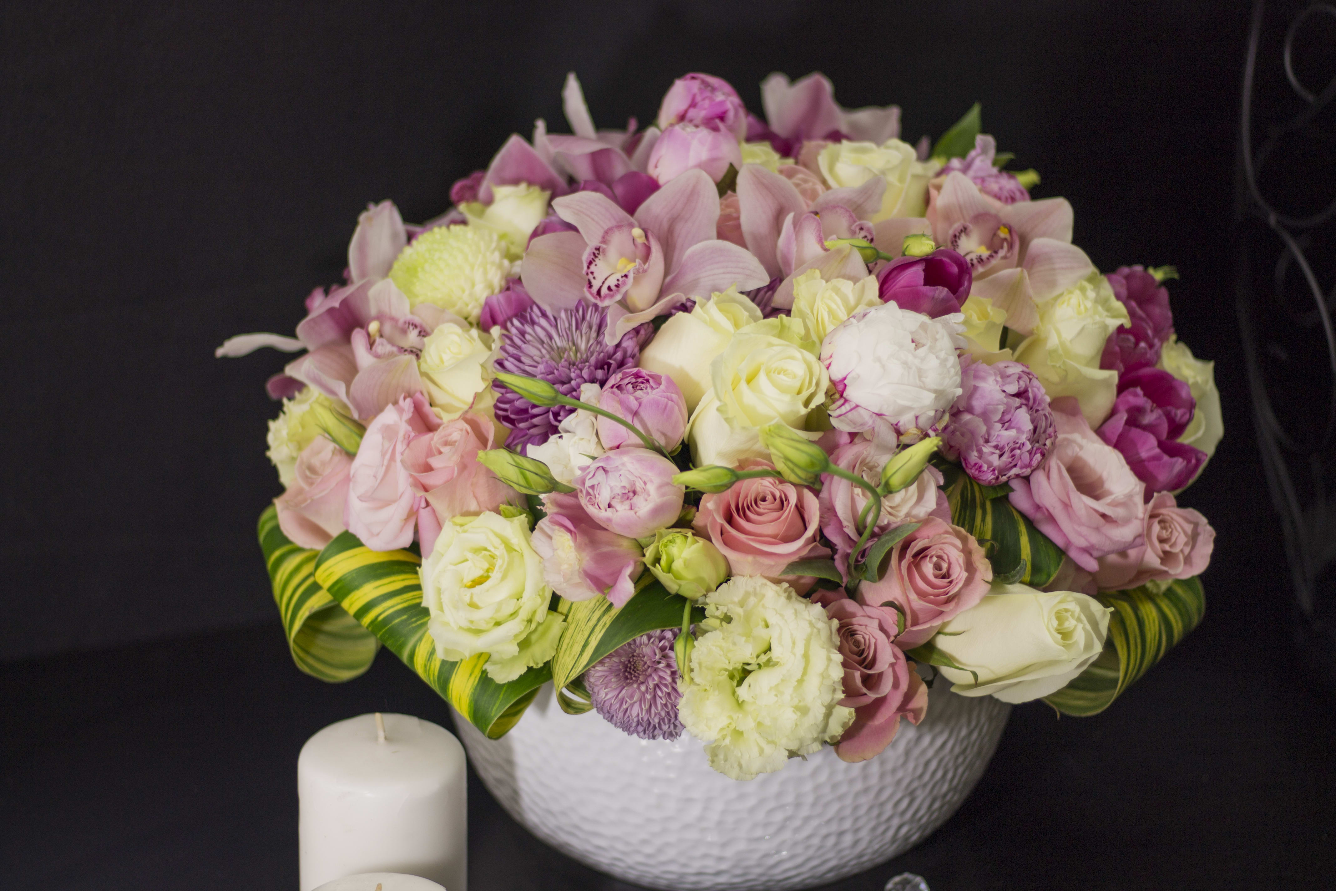 Luxurious Arrangement with Peonies, Orchids, Roses and mix flowers - Perfect flower arrangement with Luxury Light Pink Peonies, Tulips, 2 colors of Roses, Lisianthus, Cymbidium Orchids and mix seasonal flowers. Placed into large white ceramic pot.  Truly Luxury and Sophisticated Flower Arrangement. Perfect for any person or ocassion!