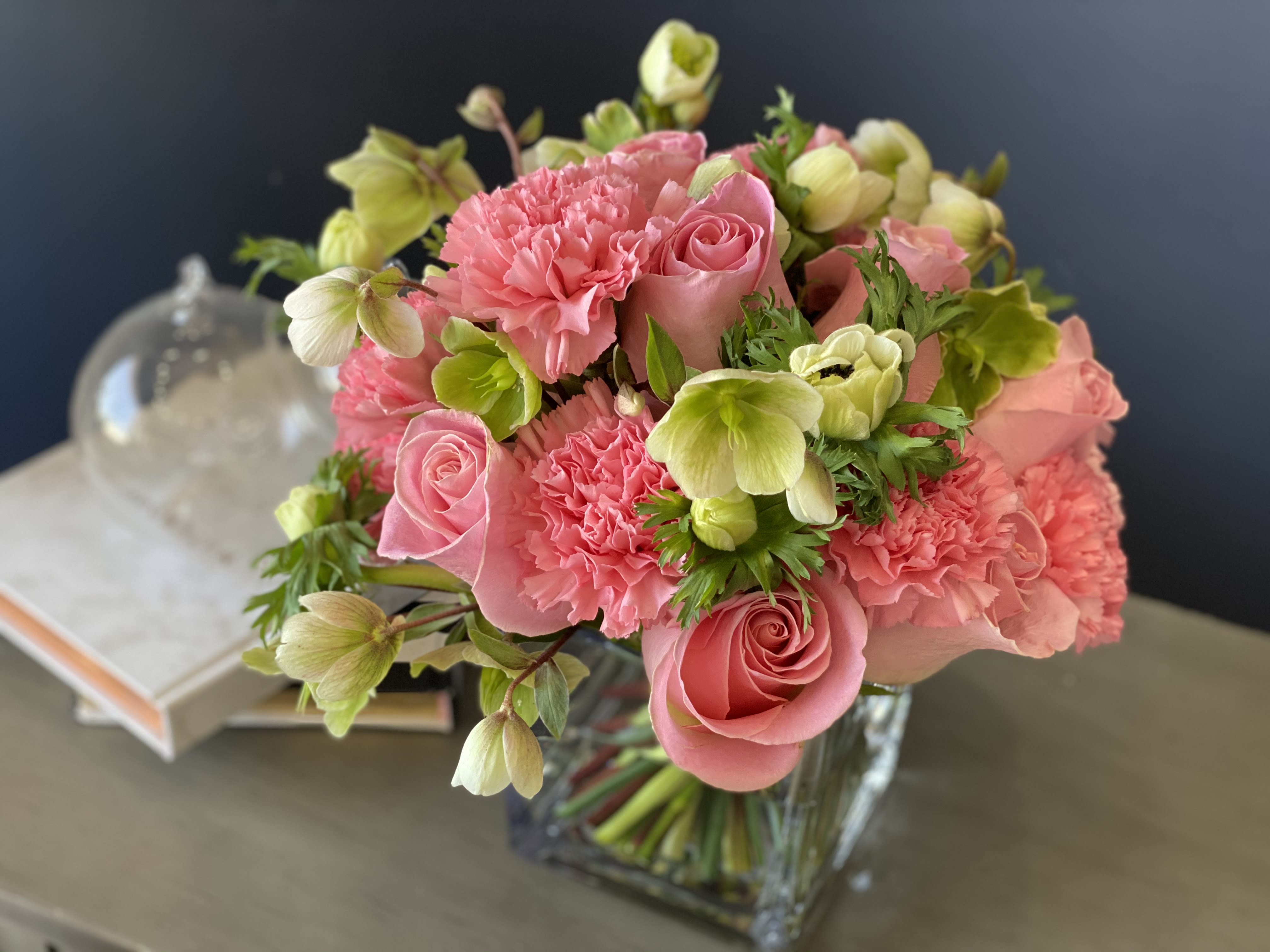 Sweet Cappuccino  - Vased arrangement with pink roses, carnations and mixed greenery 
