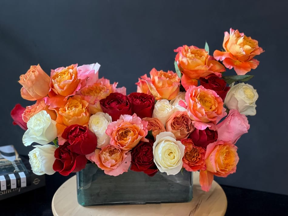 ROSE HARMONY  -  Modern Flower Arrangement with mixed roses in square vase.  Included 60-65 assorted garden  roses. 