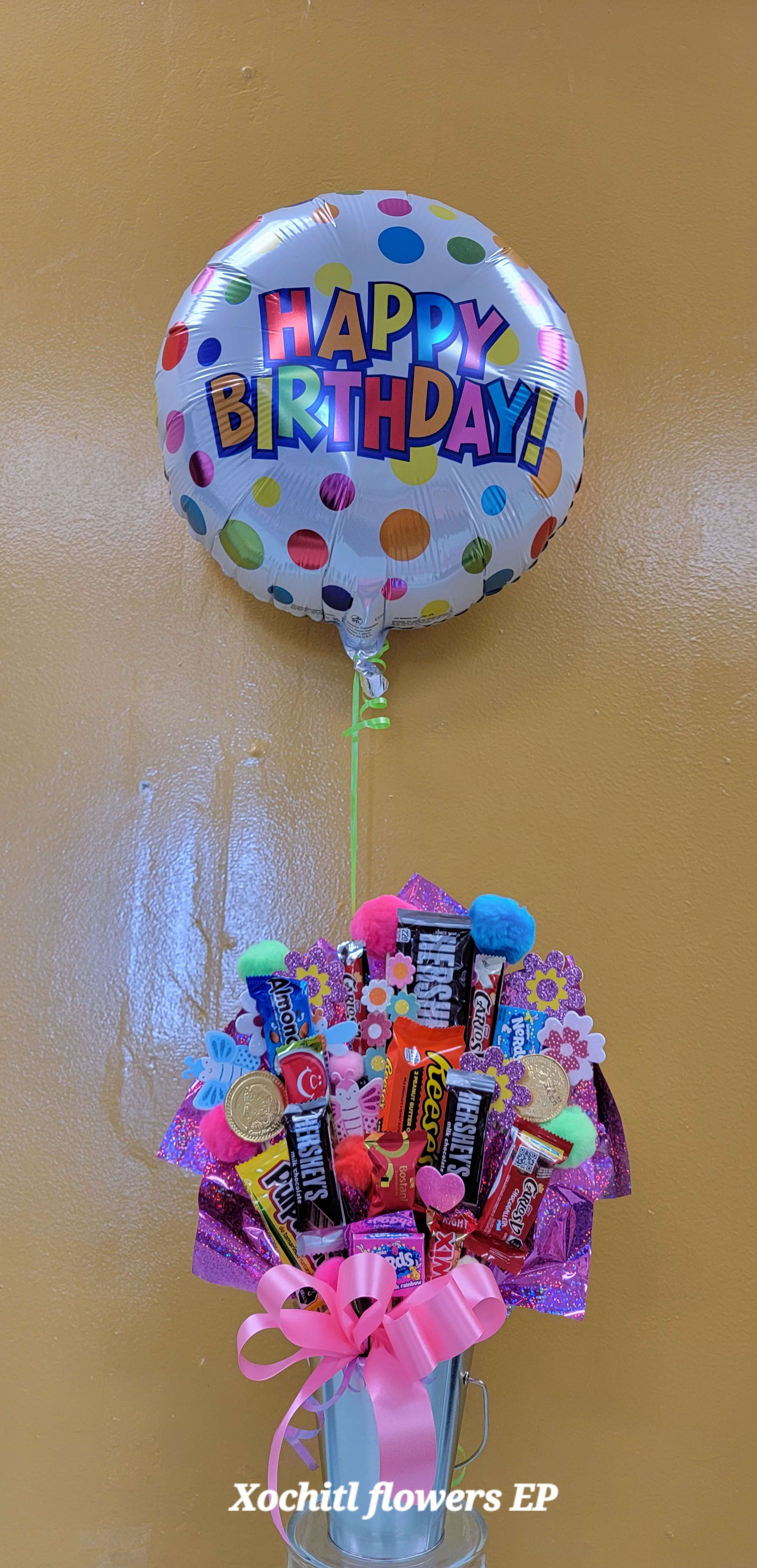 Dulce Candy Bouquet with balloon from Xochitl Flowers EP - Mixture of candies decorated and a balloon