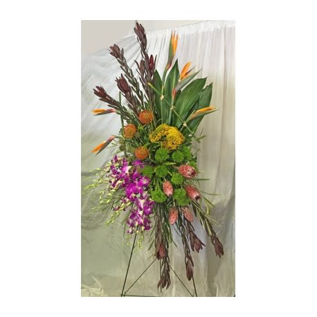 Tropical Tribute standing funeral spray - Mixture of tropical flowers