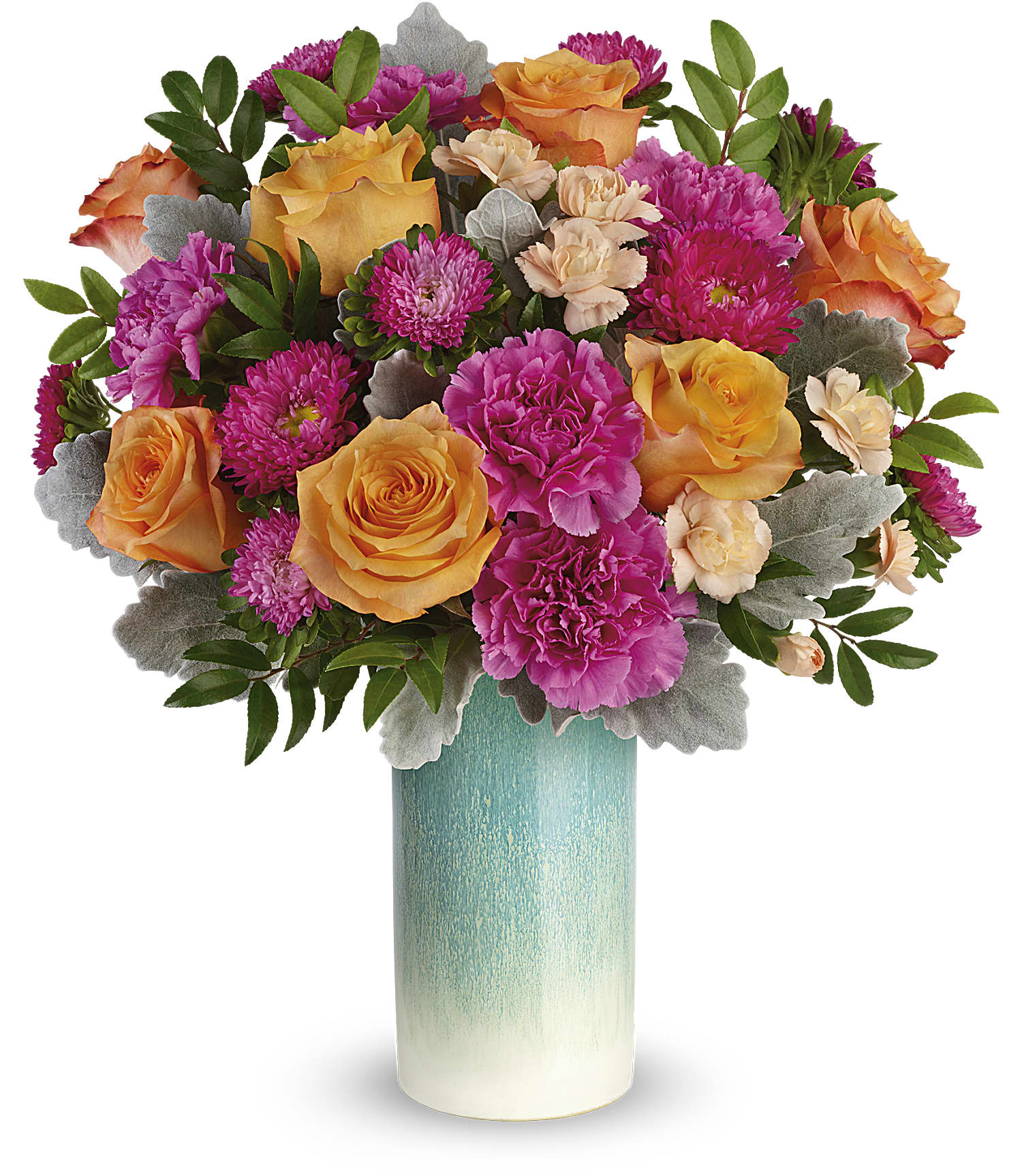 Aqua Allure Aqua Allure - As alluring as the sparkling sea, this bright bouquet and stoneware vase with crackled aqua glaze is a stunning surprise for any occasion! Peach roses, dark pink carnations, miniature peach carnations and hot pink matsumoto asters are arranged with dusty miller and huckleberry. This colorful bouquet is delivered in Aqua Allure vase. Approximately 16 1/2" W x 18 1/2" H