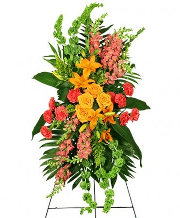 Glorious Life ~ Flower A Day - Celebrate a life with this colorful standing spray. Belles of Ireland, roses, snap dragons, lilies, carnations, accent flower and beautiful assorted greens.