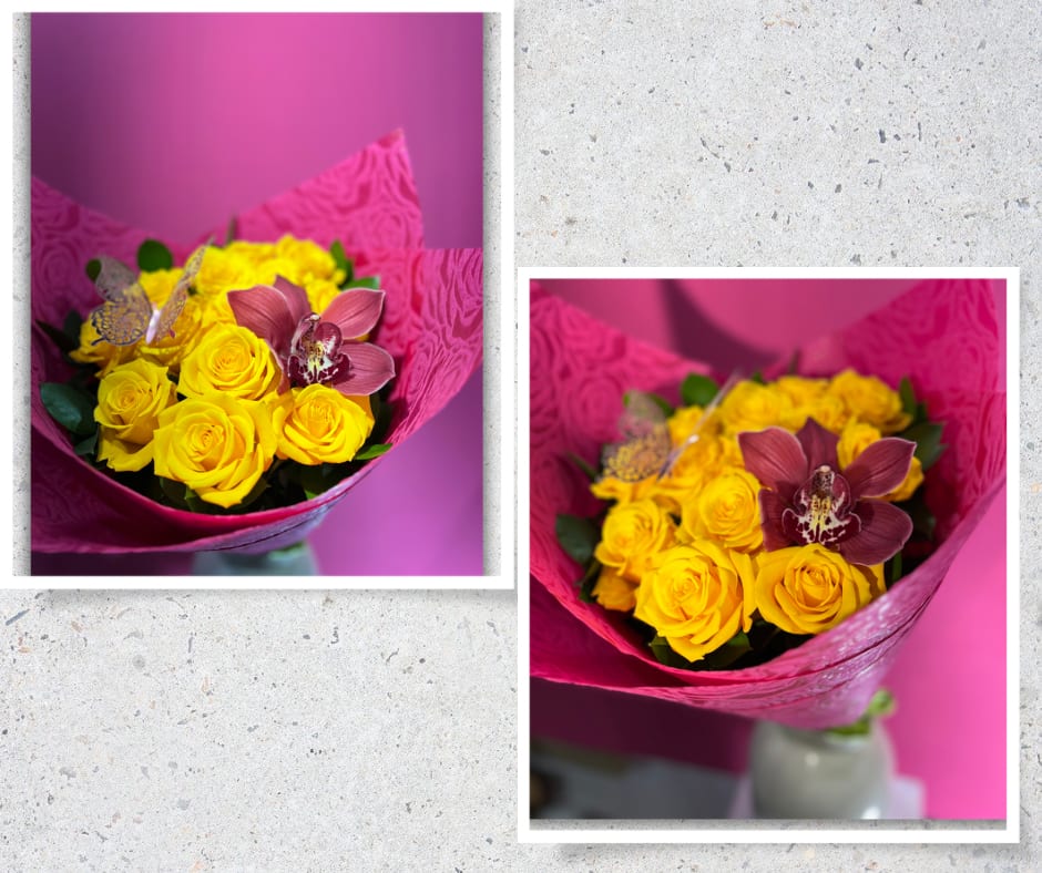 BRIGHTNESS - 12 BEAUTIFUL YELLOW ROSES WRAP BOUQUET.
