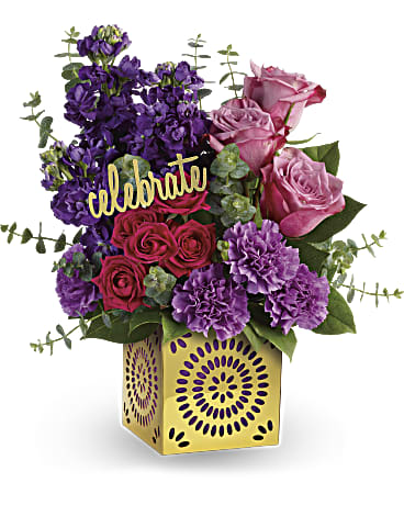 Celebrate You Bouquet - Make any occasion feel extra special with this heartfelt gift of lavender and hot pink roses, hand-delivered in a gorgeous golden cube with cutout design. Remove the pretty purple liner and &quot;celebrate&quot; pick to transform this shimmering vase into a glowing candleholder!
