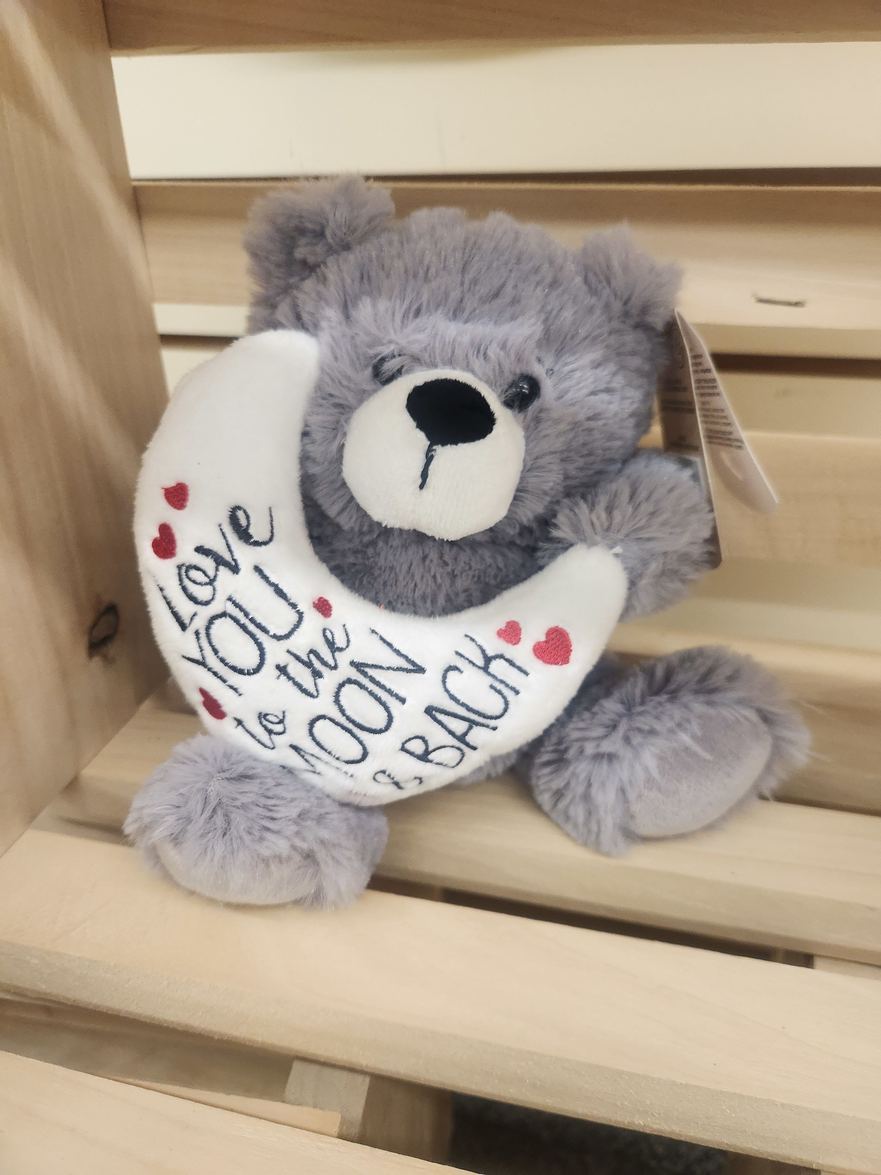 "Love you to the Moon " bear "Love you to the Moon " bear - Gray bear holding a moon that reads, "Love you to the moon and back."