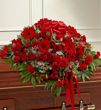 Red flowers Casket Spray - Red Gerbers, Red Roses, Red Carnations, babies breath