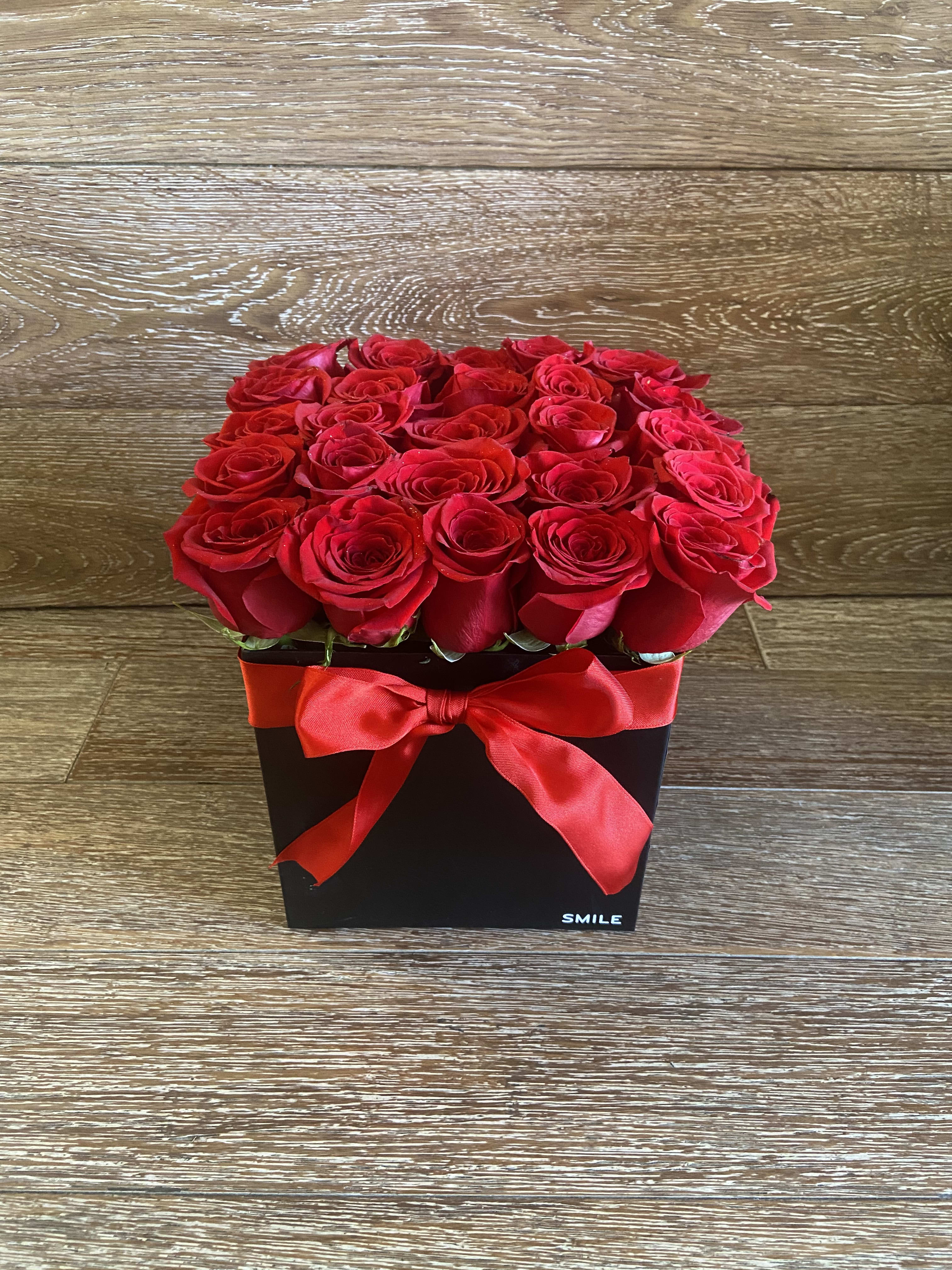 Black Square Red Roses - 25 Red Roses, Black Square Box, Red Ribbon.