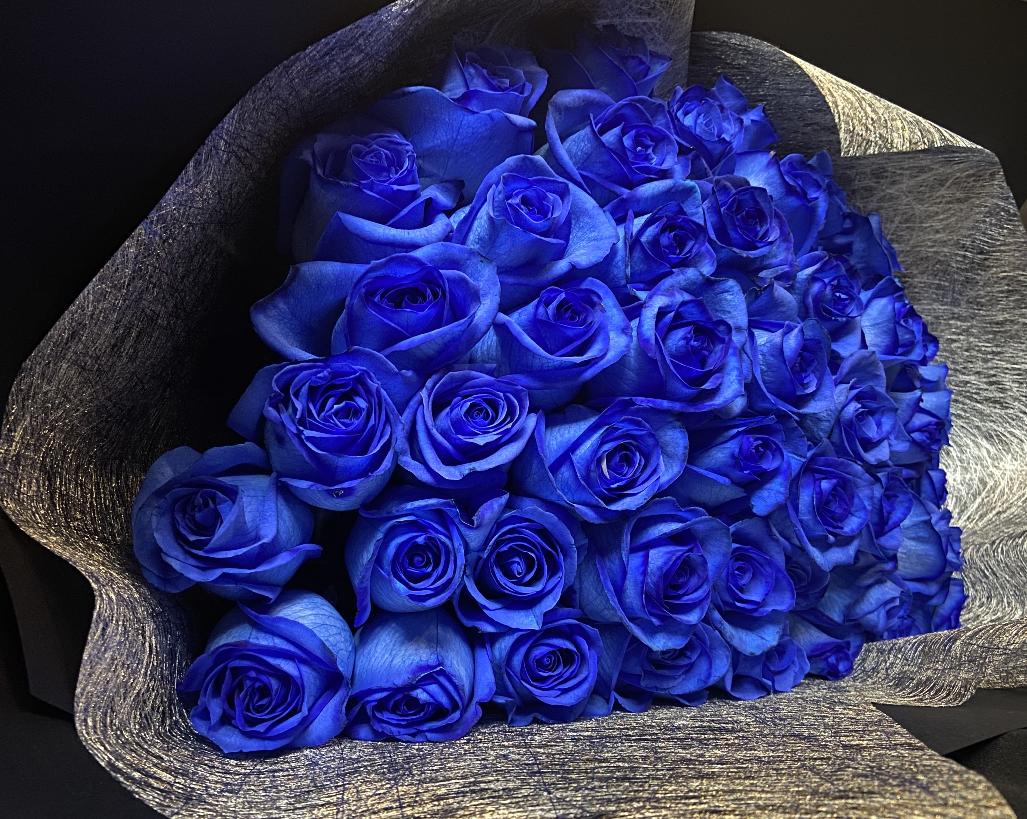 Blue Bouquet - 50 Beautiful Blue Roses, Wrapped with Black Paper.