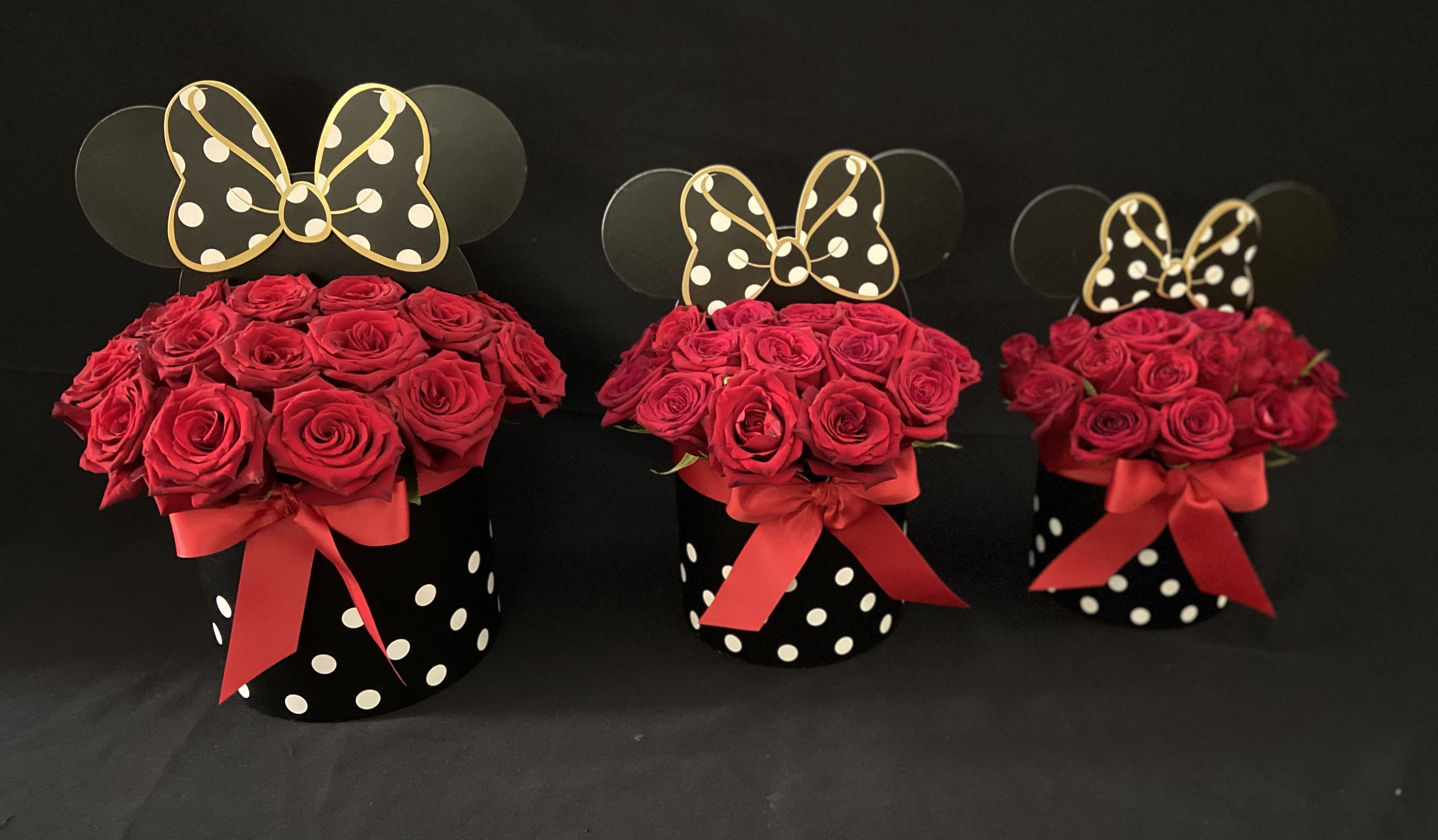 Minnie Mouse Black Box - 12 Red Roses, Standard 18 Red Roses, Deluxe 24 Red Roses, Premium AVAILABLE, Black, White, and Pink Box. 