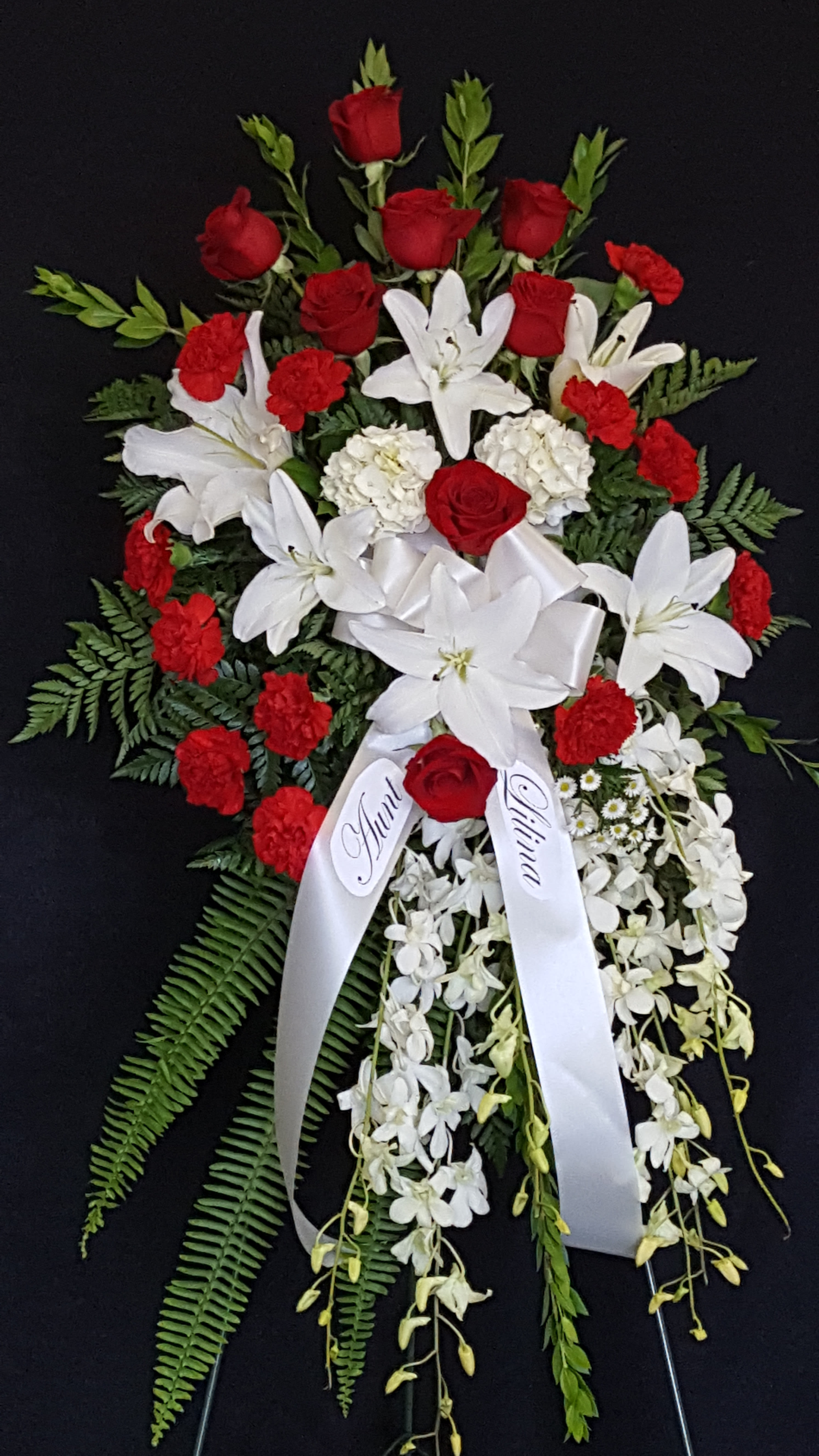 Red & White Peaceful Spray Red & White Peaceful Spray - an elegant asymmetrical design in red and white. ribbon optional