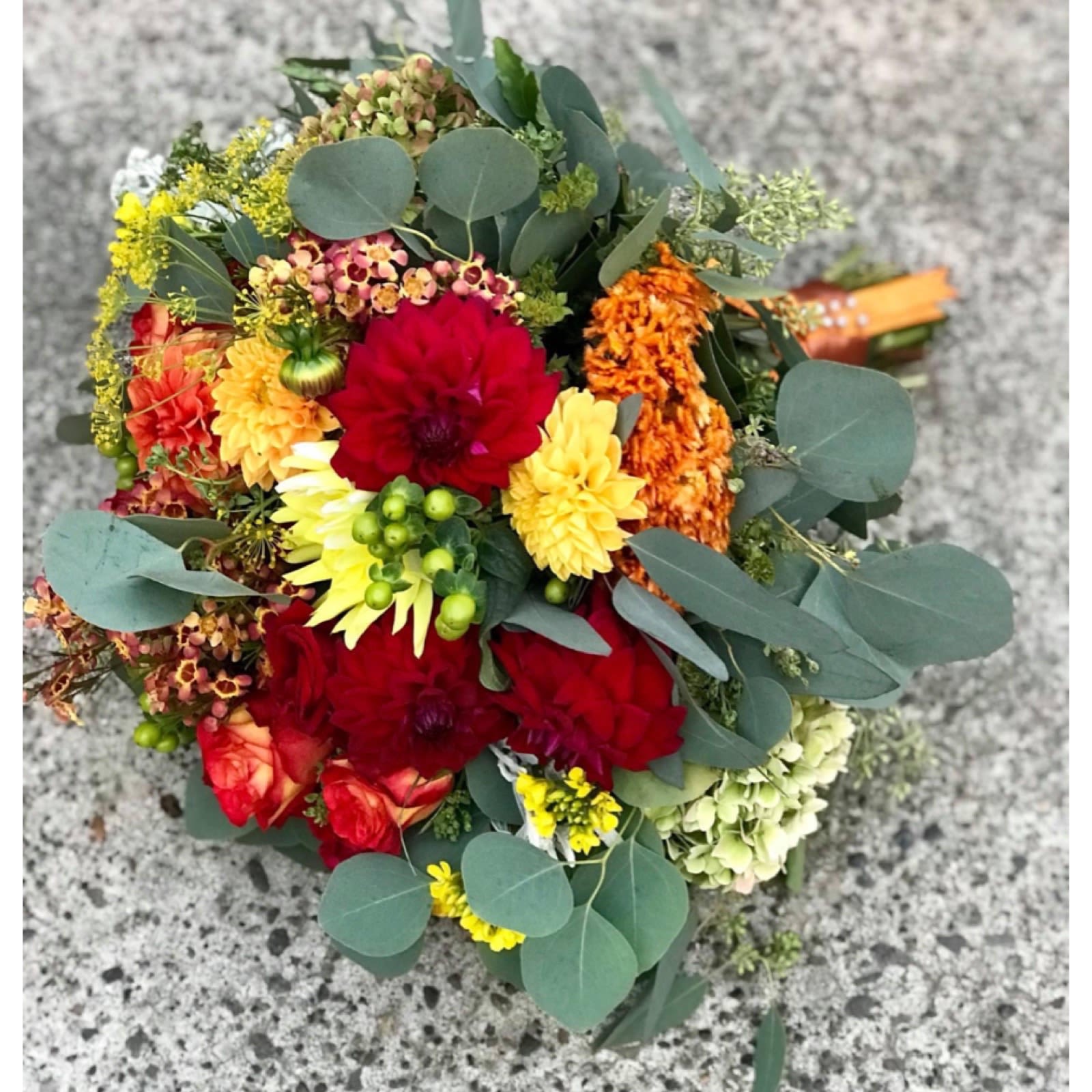 Autume Bridal Autume Bridal - Red, yellow and Orange Wedding Bouquet is perfect for fall wedding APPROXIMATE DIMENSIONS 10" W X 14" H
