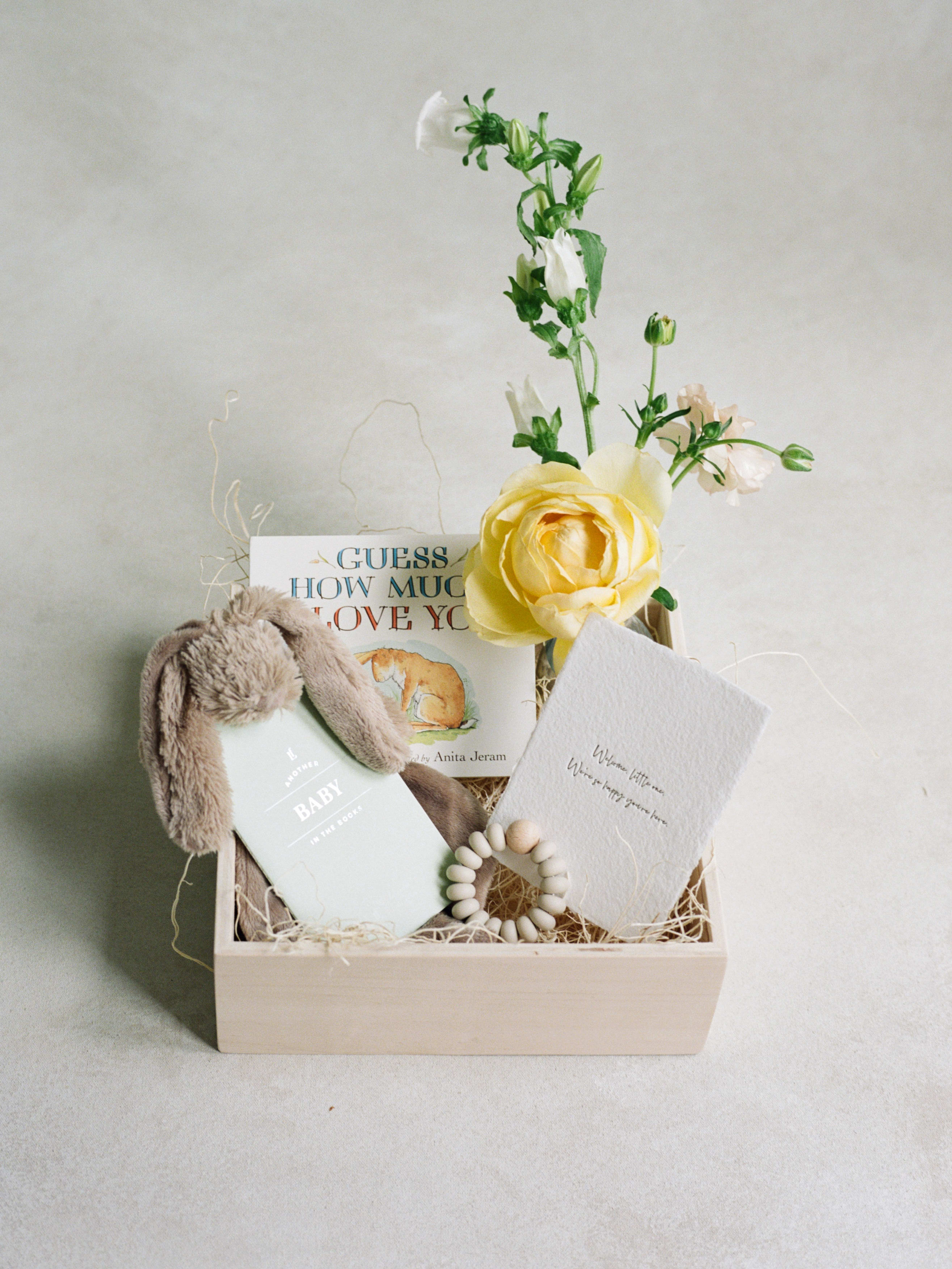 Welcome Baby Gift Box  - The sweetest gift box to welcome a baby. 1 Newcastle rabbit, Baby Book, Baby Journal, Bud vase arrangement, Teething ring, Welcome Little One Card and wooden keepsake box. 