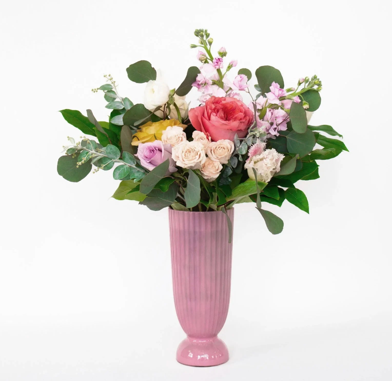 9 | cupidon - A conversation heart palette in a modern pink ribbed vase. Cupid's favorite arrangement.