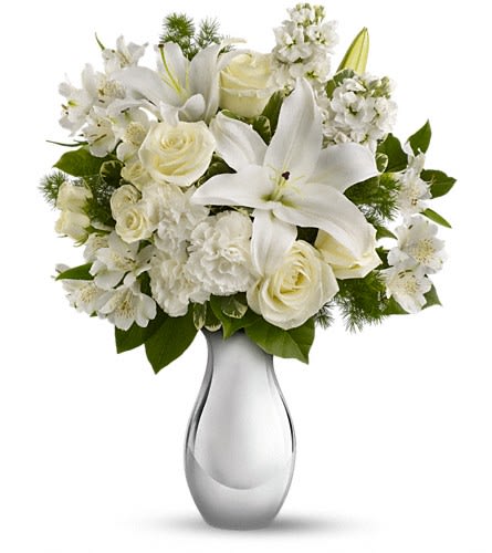 Shimmering Light Bouquet Shimmering Light Bouquet - So simple and so breathtakingly beautiful. This holiday flower arrangement features an all-white bouquet of roses lilies and more in an exquisite silver reflections vase that will be cherished for years. Perfect for Christmas Hanukkah - or just because. The gorgeous bouquet includes white roses white spray roses white oriental lilies white alstroemeria and white stock accented with assorted greenery.