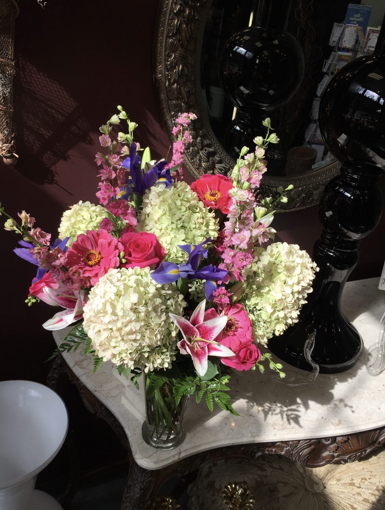 Sending my love Sending my love - Express your love in a big way with any occasion! This stunning arrangement is designed with lush hydrangeas, garden roses, snap dragons and fragrant stock flower accented with other seasonal cut flowers.