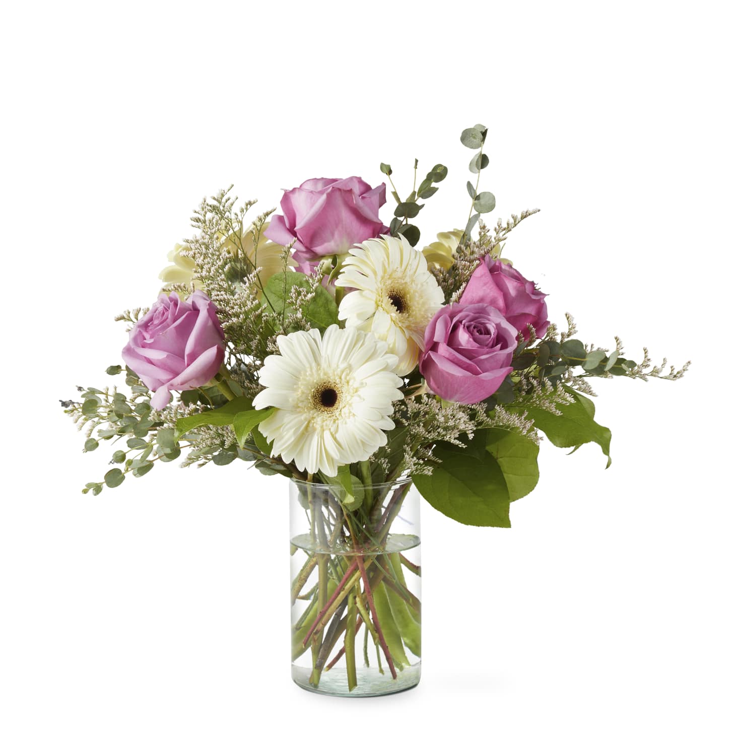 Rose and Pearls Bouquet - As elegant as a string of pearls, add a touch of class to any room with roses and gerbera daisies.