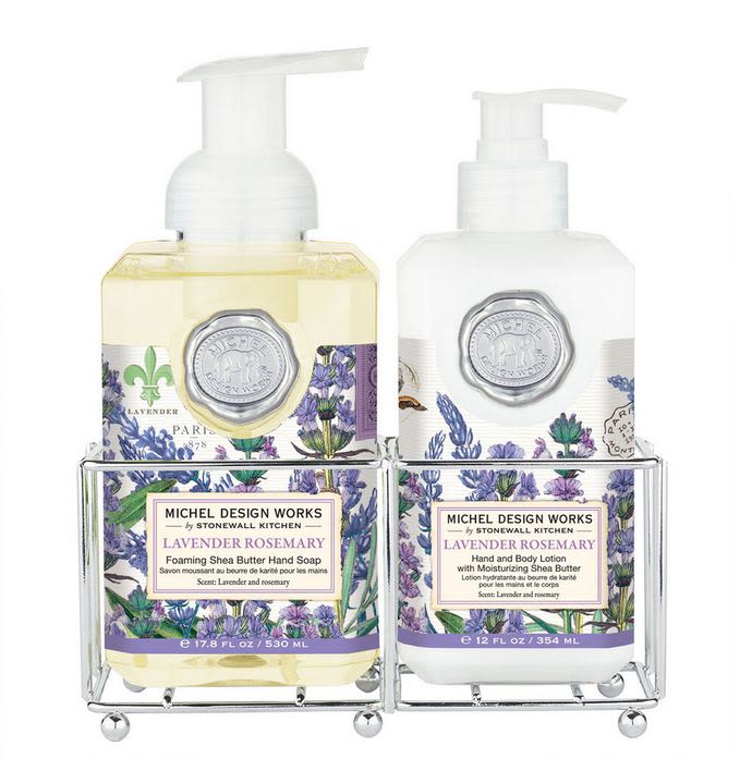 Lavender Rosemary Hand Care Caddy - Lavender Rosemary scent. Our silver-toned handcare caddy includes our popular foaming hand soap and rich hand and body lotion together in one convenient holder.  Foamer: 17.8 fl. oz. /530 ml liquid. Lotion: 8 fl. oz. /236 ml liquid.  Fragrance: Soothing combination of lavender and rosemary.