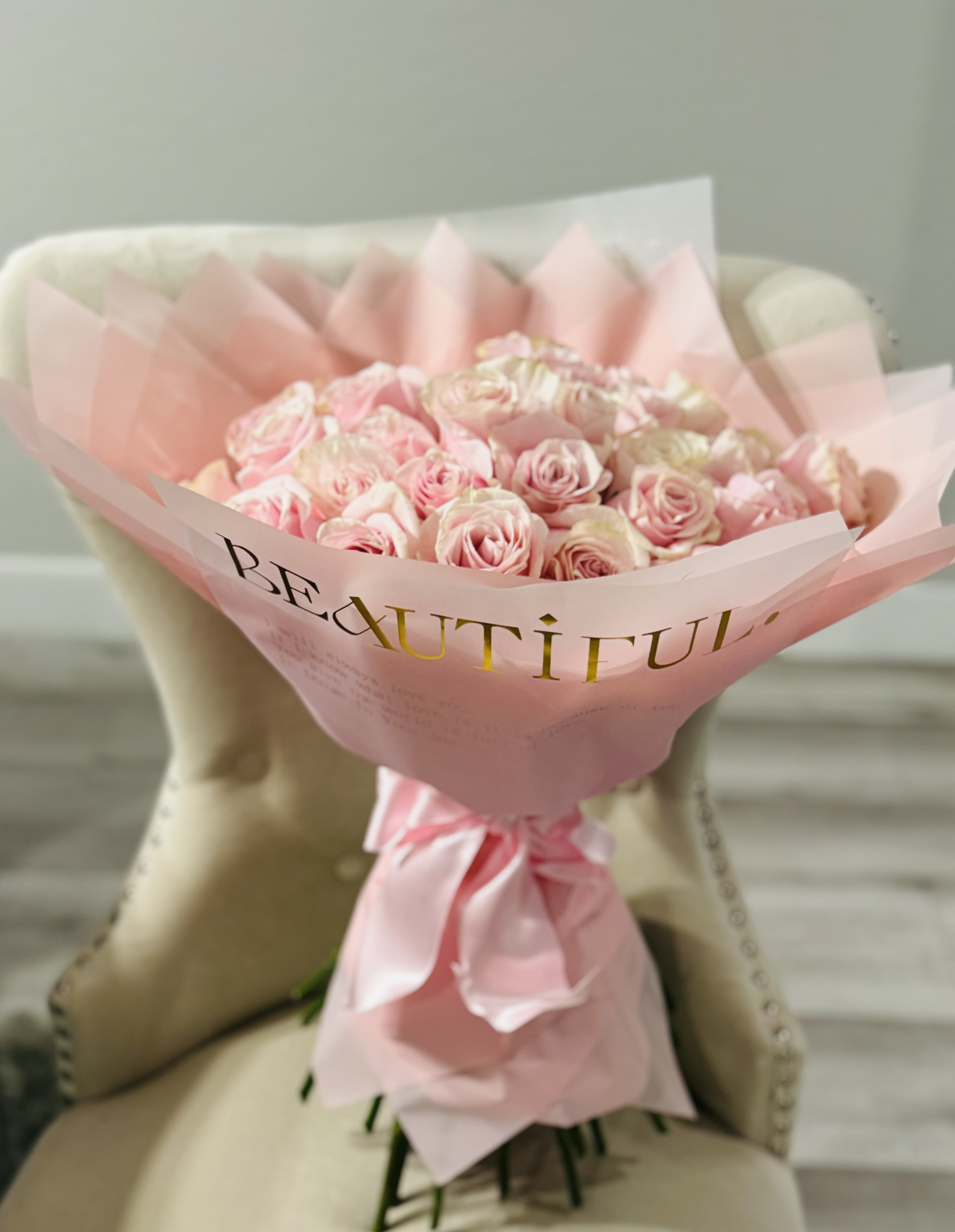 Beautiful - 50 premium Pink Mondial Roses Hand-Tied Bouquet (50 roses deluxe size shown in photo) Stunning!!