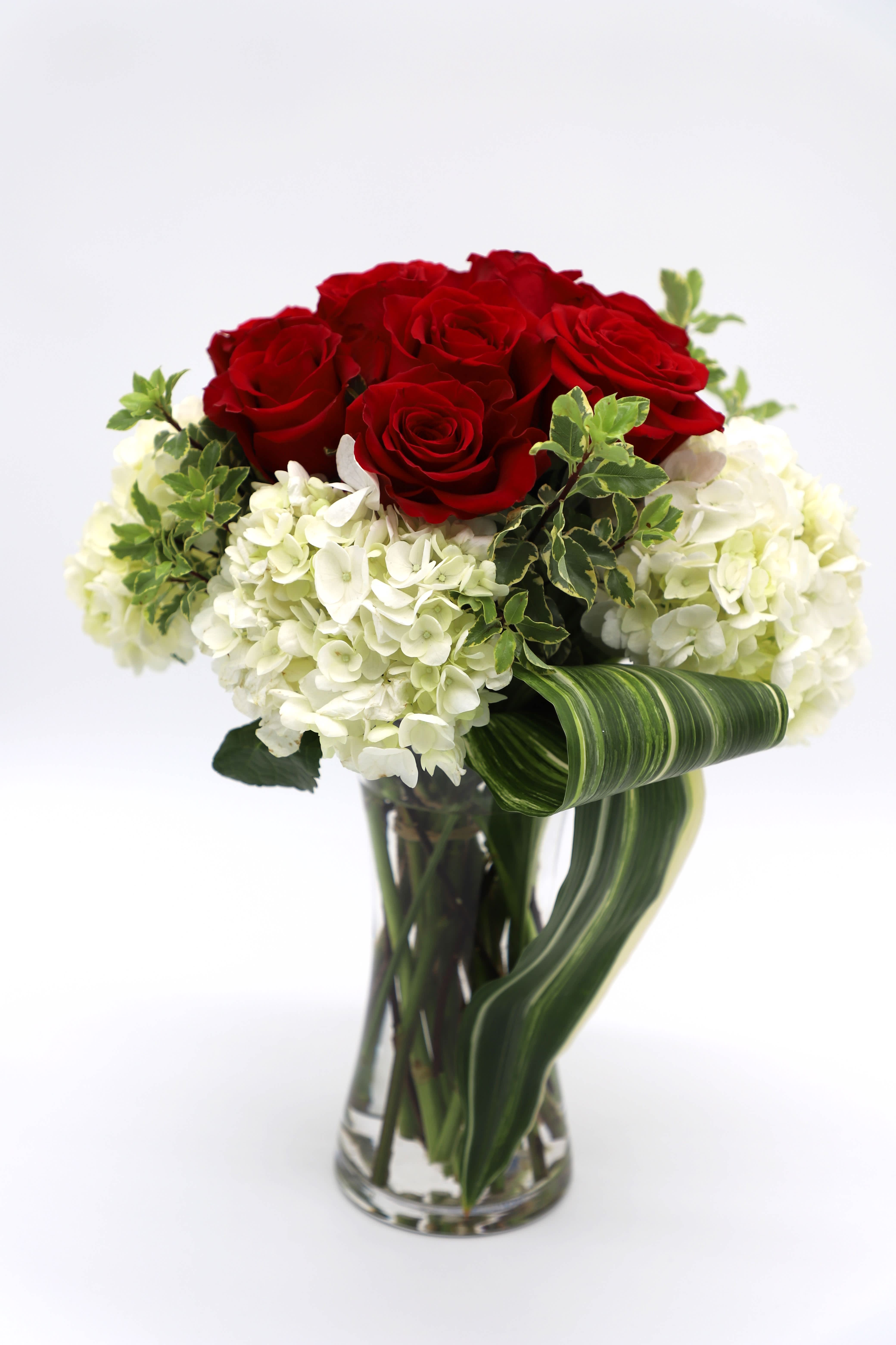 Sweetest Flutter - A sweet arrangement made with red roses and mini hydrangeas in a clear vase.  The standard size includes HALF a dozen of roses. The deluxe size includes one dozen roses. The premium size includes two dozen roses.