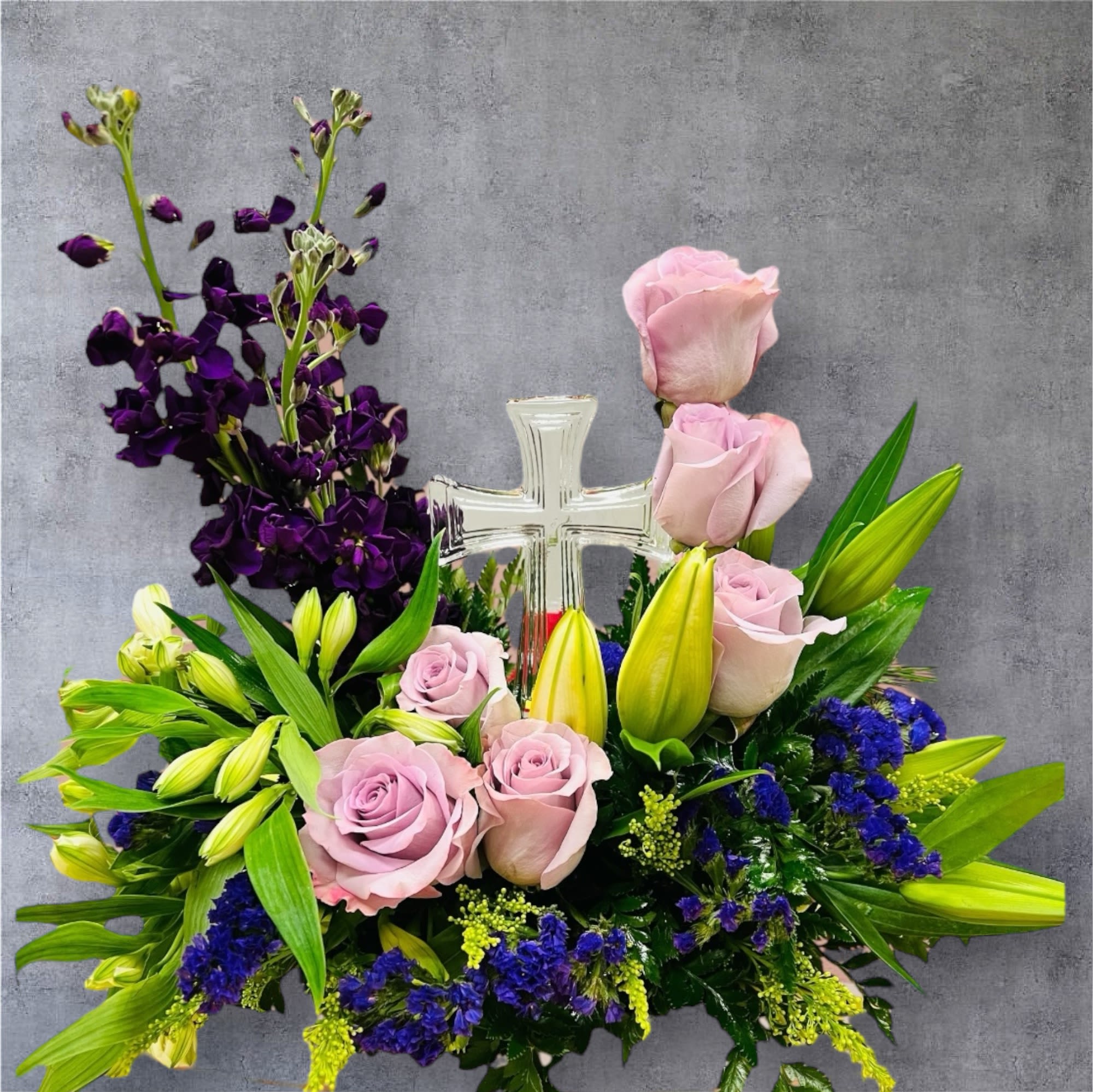 Garden of Peace - Cross arrangement of lilac and white or lilac and pink. 