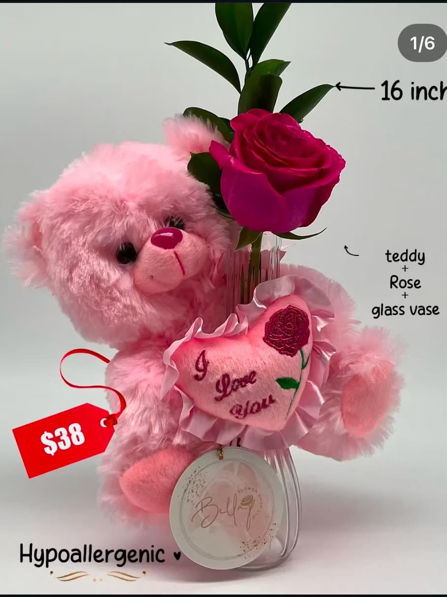 The Rose in Love - Teddy Bear + Rose + Glass Base