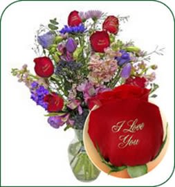 I LOVE YOU mixed flowers I LOVE YOU mixed flowers - wer have printed roses mixed with colorful flowrs combine together in a vase .
