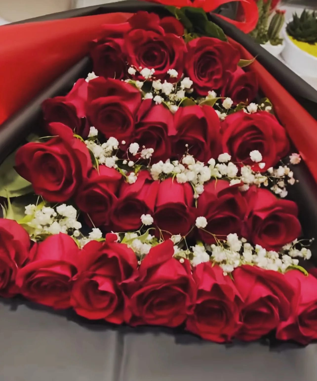Be Mine - Two dozen red roses with baby breath