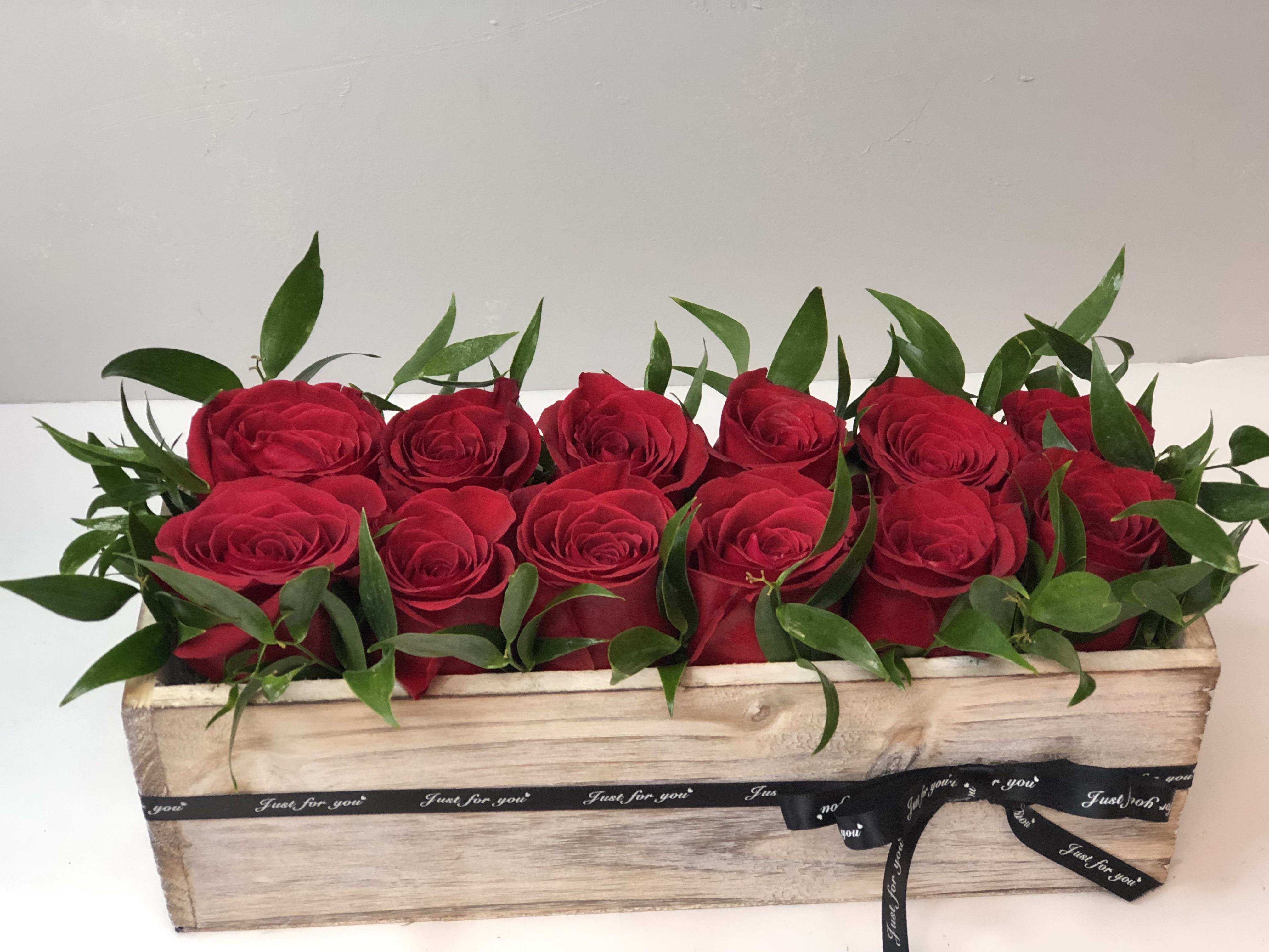 Rustic Red - Dozen red roses in a wooden rustic box 
