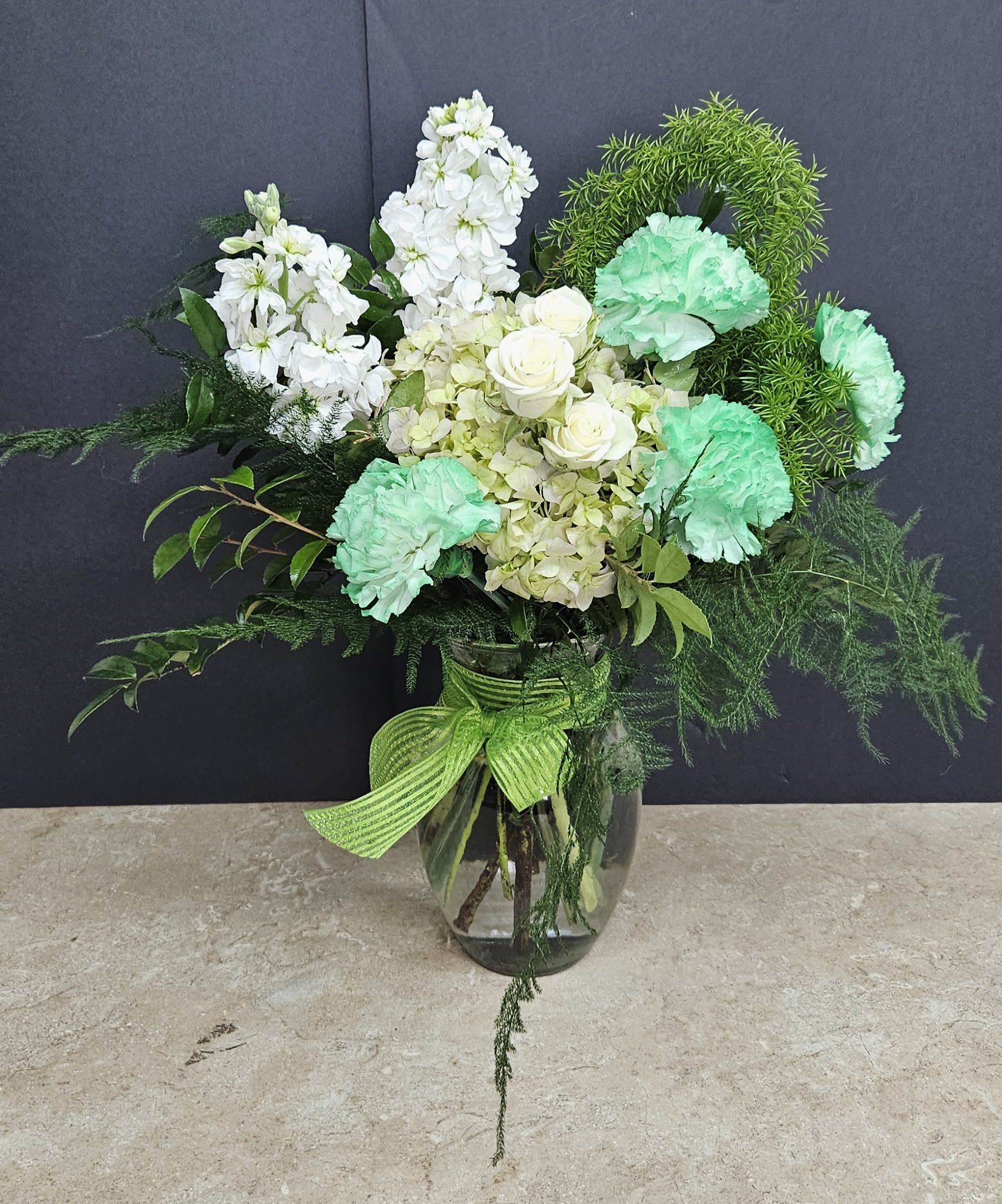 St. Paddy's Day Bouquet - Beautiful green and white arrangement. 