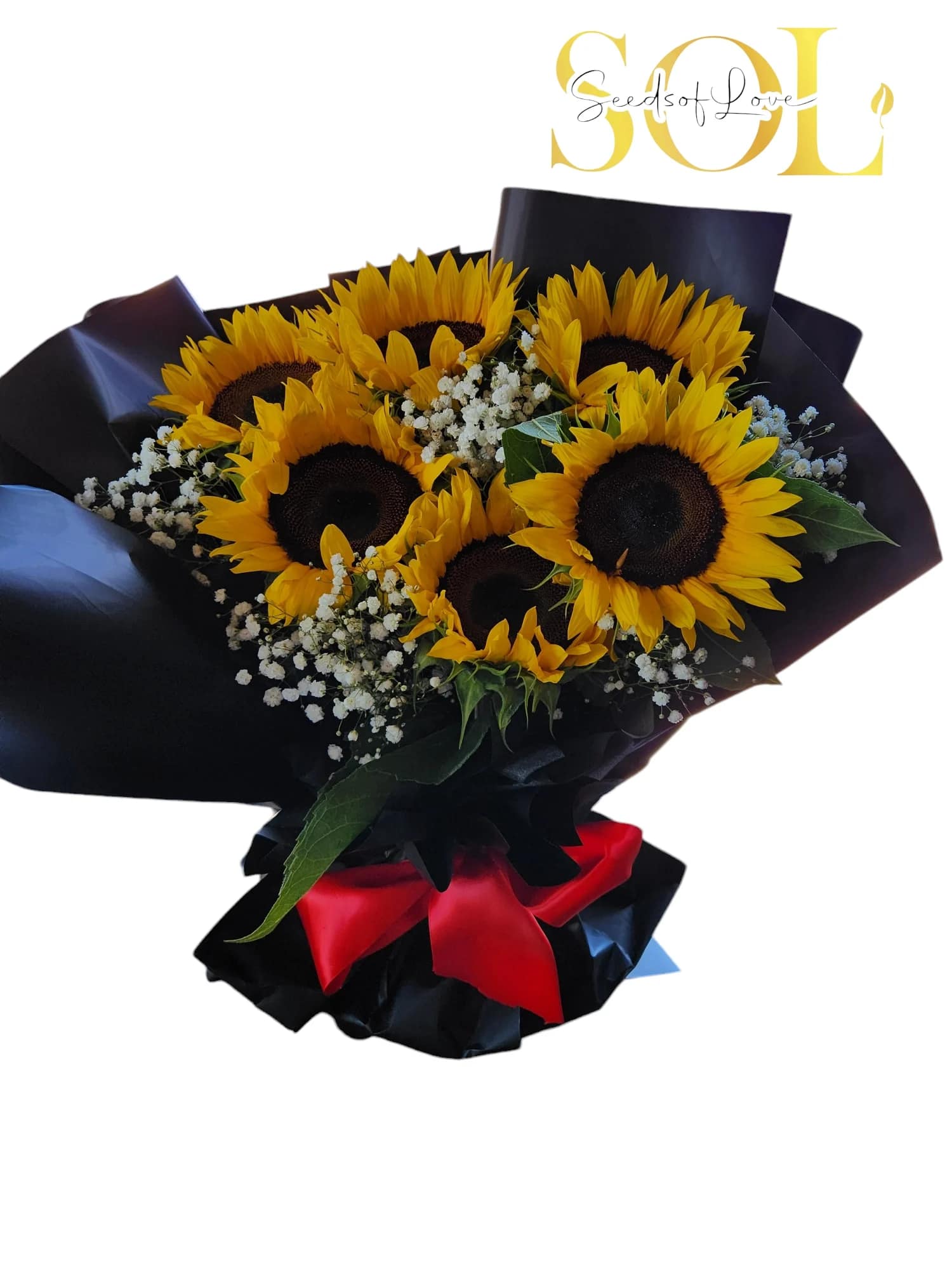 Gratitude Bouquet Gratitude Bouquet - 6 large sunflowers, Fresh babies breath, Green Fillers. You can Request the color of the paper wrap
