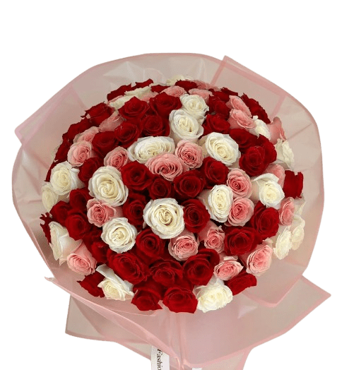 Rose Mix Bouquet - A captivating arrangement of lush roses in radiant red, delicate white, and soft pink hues. This bouquet blends passion, purity, and grace, creating a timeless symbol of love and admiration. Perfect for any romantic or elegant occasion.  Standard:   25 Roses Deluxe:       50 Roses.  premium: 100 Roses.  Arrangement DOES NOT include vase.  We recommend placing the flowers in water as soon as possible upon receiving them to ensure they stay fresh and beautiful for longer.