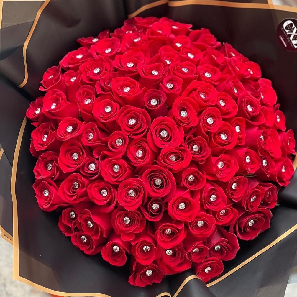 50 RED ROSES DIAMONDS BOUQUET - 50 RED ROSES WITH DIAMONDS