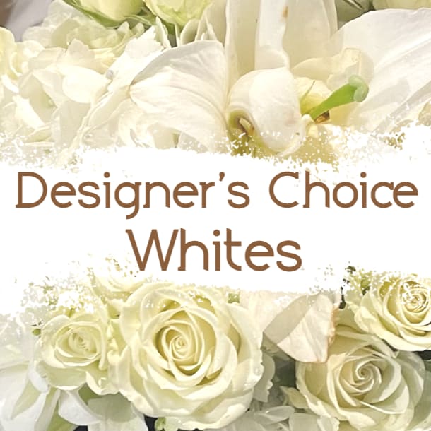 Designer's Choice: Whites Designer's Choice: Whites - A Mixed Bouquet of White flowers & greens in a Vase. Designer's Choice Arrangements are Hand-Crafted. The flowers & vessel are chosen by the Designer based on the chosen theme and budget. For a Hand-Tied bouquet, please request in the special instructions during checkout. *Display photo is for color reference only*