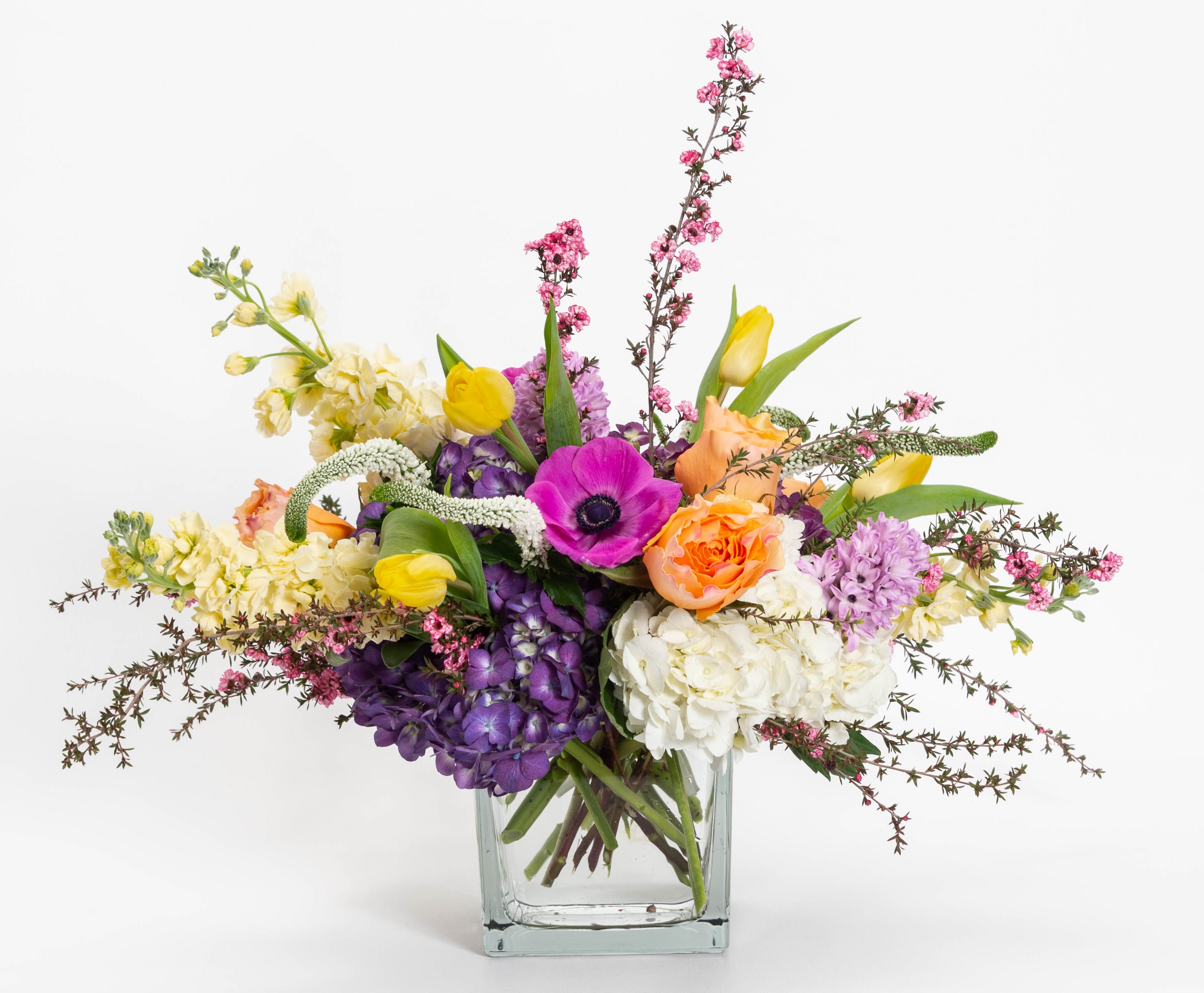 Spring Time Spring Time - This beautiful cube of purple and white hydrangea, stock, roses, anemone, lepto, ranunculus, veronica, tulips and hyacinth.