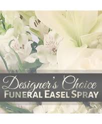 Designer's Choice Funeral Arrangement - Easel Spray - Send a sympathy floral standing spray created by one of our floral experts. Seasonal flowers are arranged in this beautiful gift to show your care and concern; pastel roses, lilies, mums, snapdragons and more. You can get in pastel shades, bright and colorful, or in all white flowers. Standing sprays are an appropriate gift for delivery from a family member, friend or co-worker. Delivery is available directly to a funeral home or places of worship.