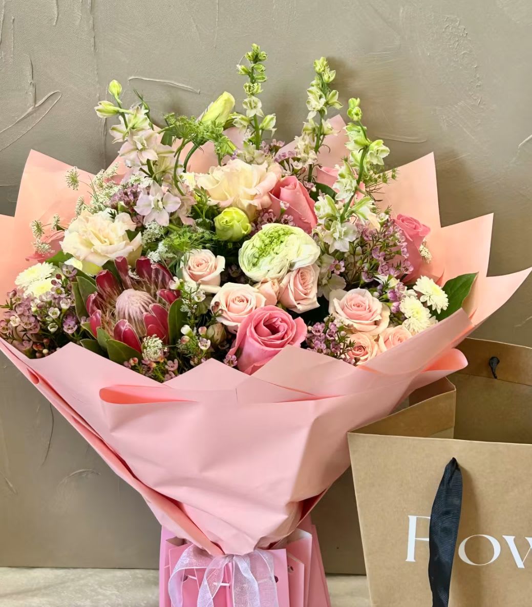 Blushing princess Bouquet - A beautiful combination of blush pink and touch of white flowers,  will create a stunning wrapped bouquet for any occasion 