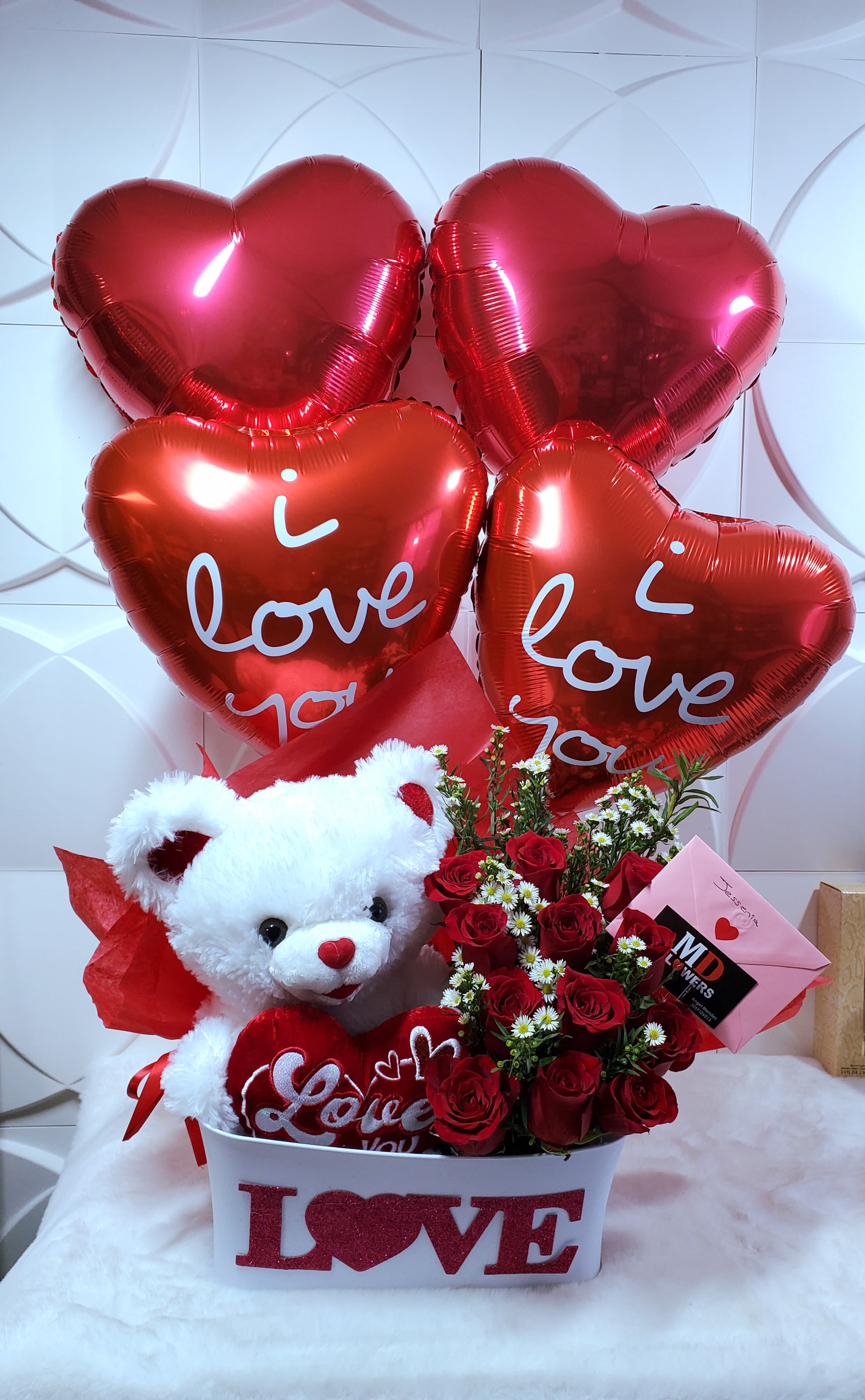 TEDDY ARRANGEMENT TEDDY ARRANGEMENT - Teddy bear 16 inch natural red roses with baby breath balloons